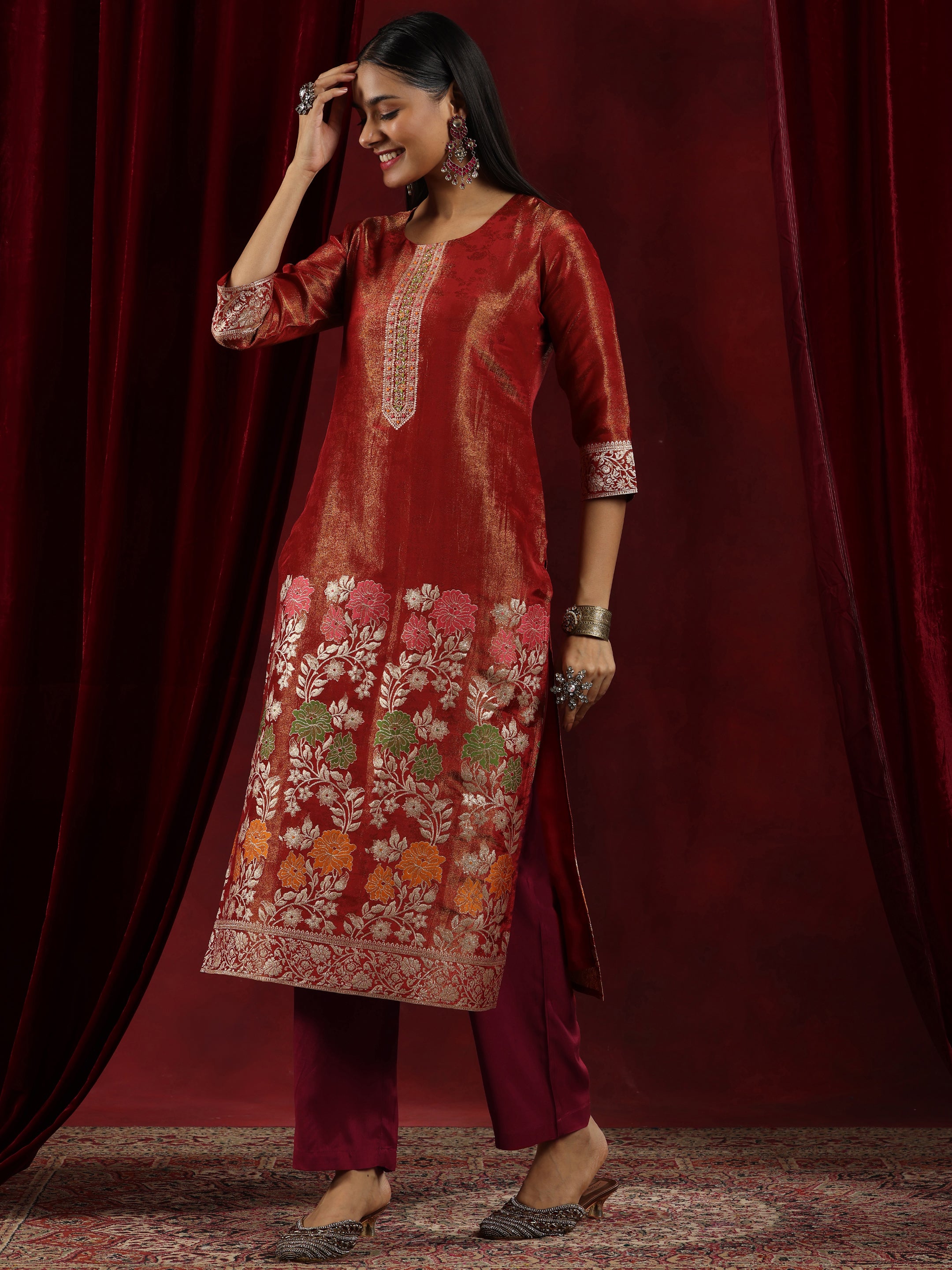 Libas Art Rust Woven Design Silk Blend Straight Suit With Dupatta