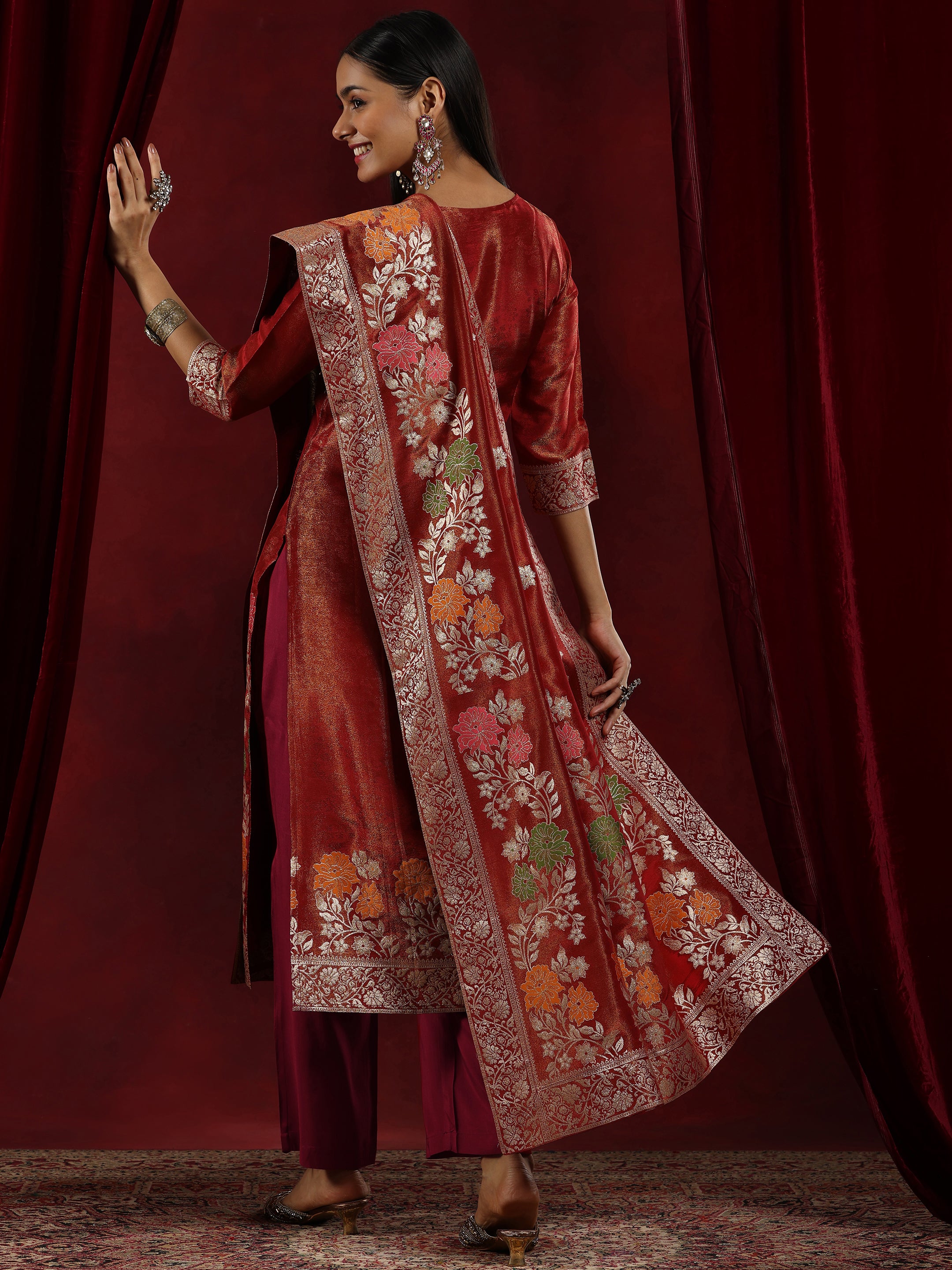 Libas Art Rust Woven Design Silk Blend Straight Suit With Dupatta