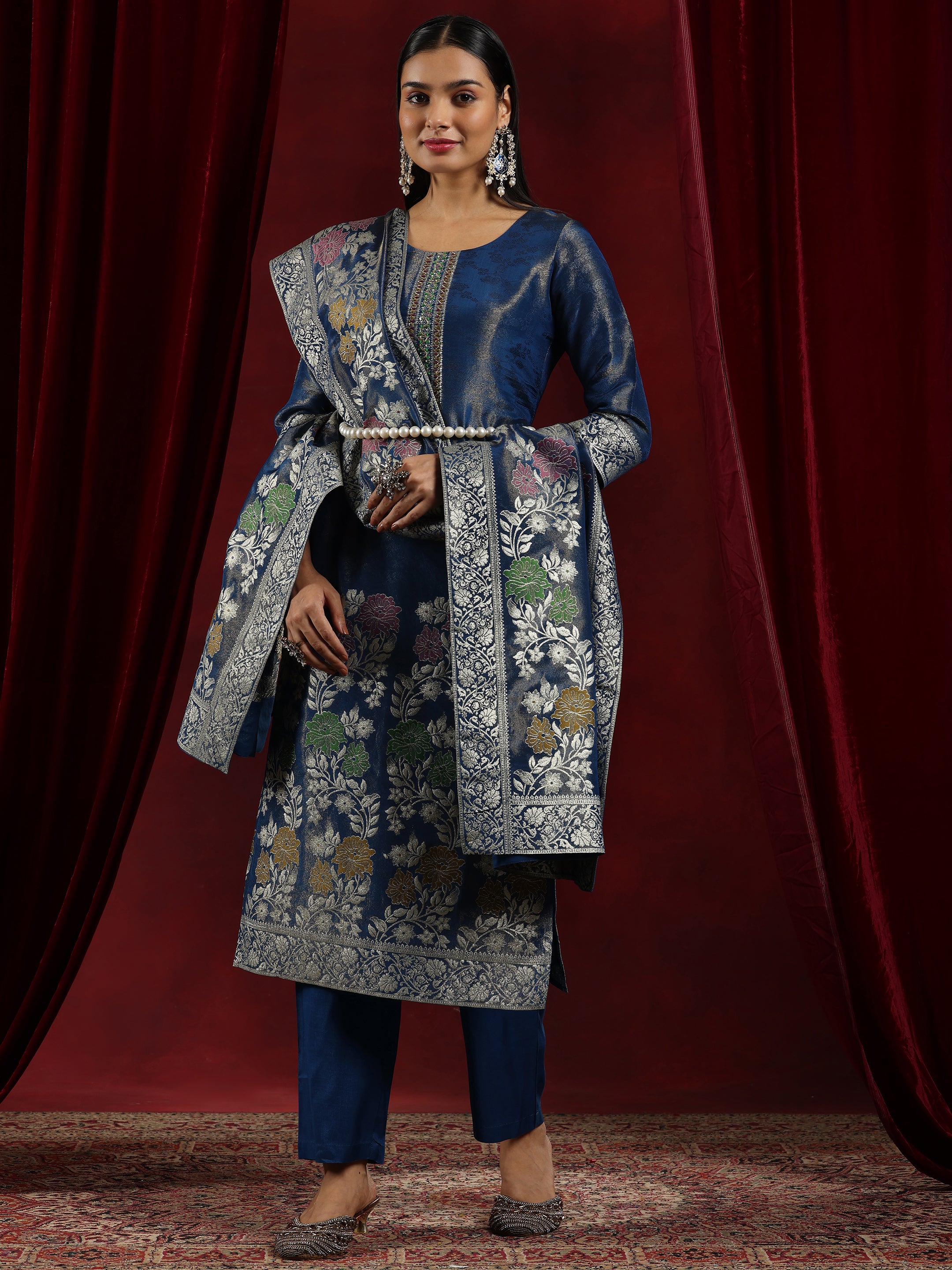 Libas Art Blue Woven Design Silk Blend Straight Suit With Dupatta