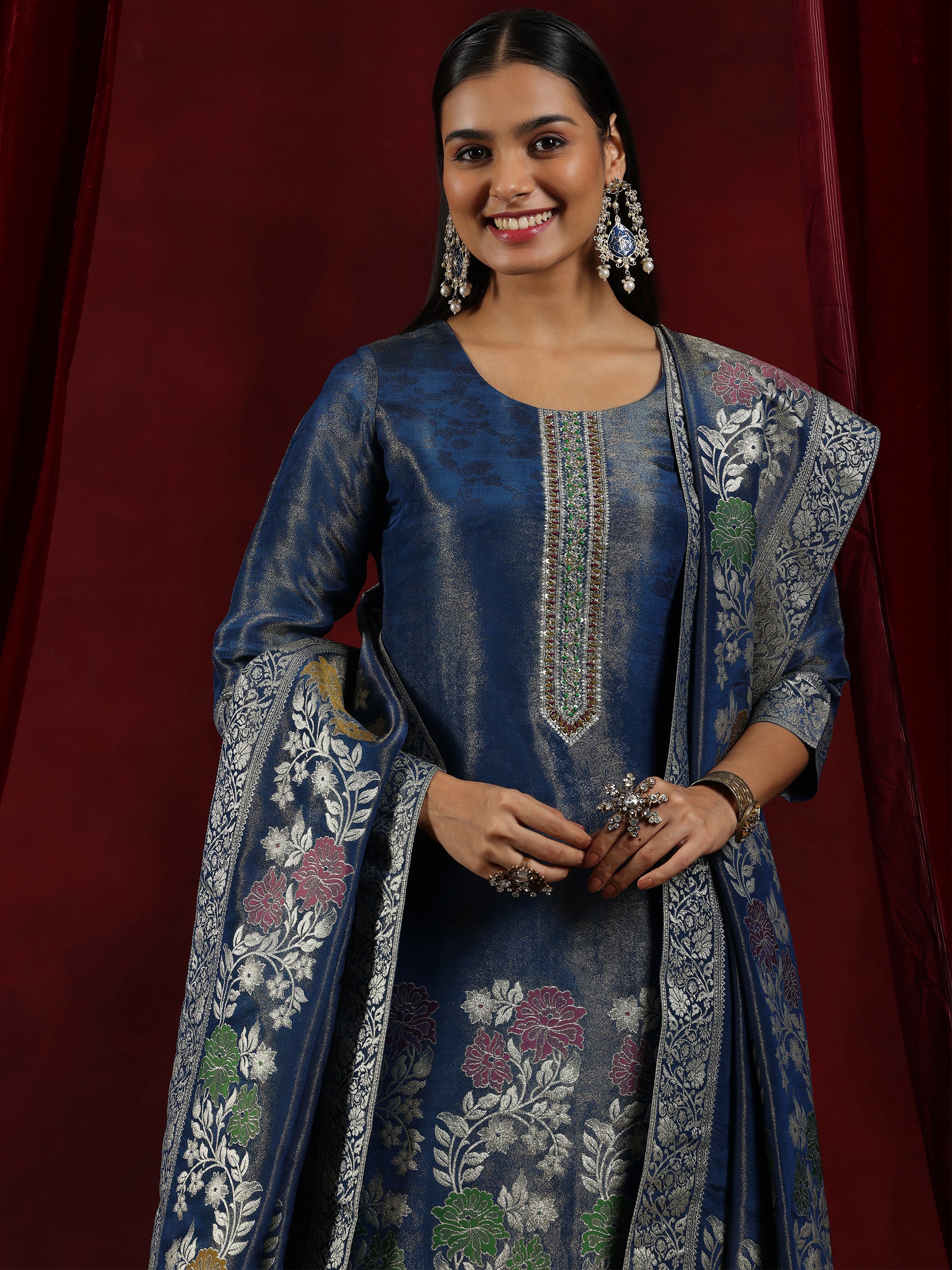 Libas Art Blue Woven Design Silk Blend Straight Suit With Dupatta