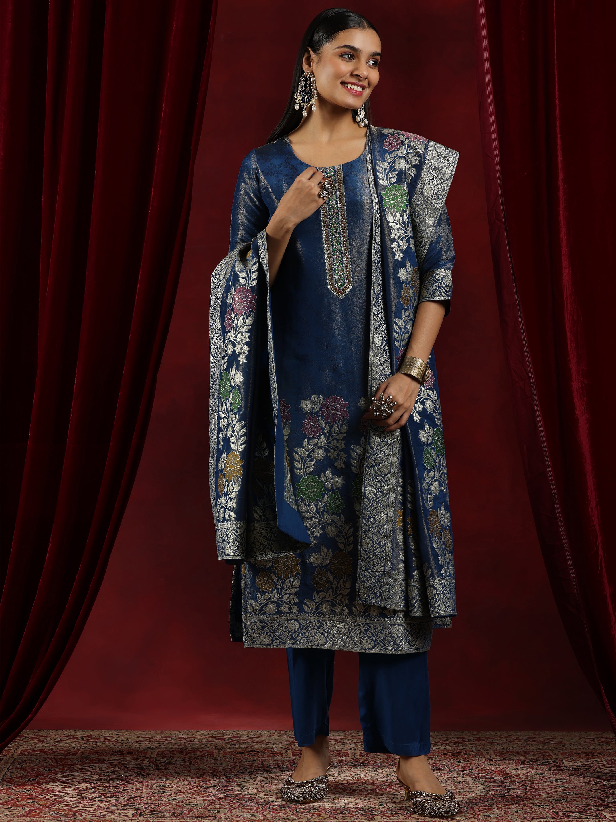 Libas Art Blue Woven Design Silk Blend Straight Suit With Dupatta