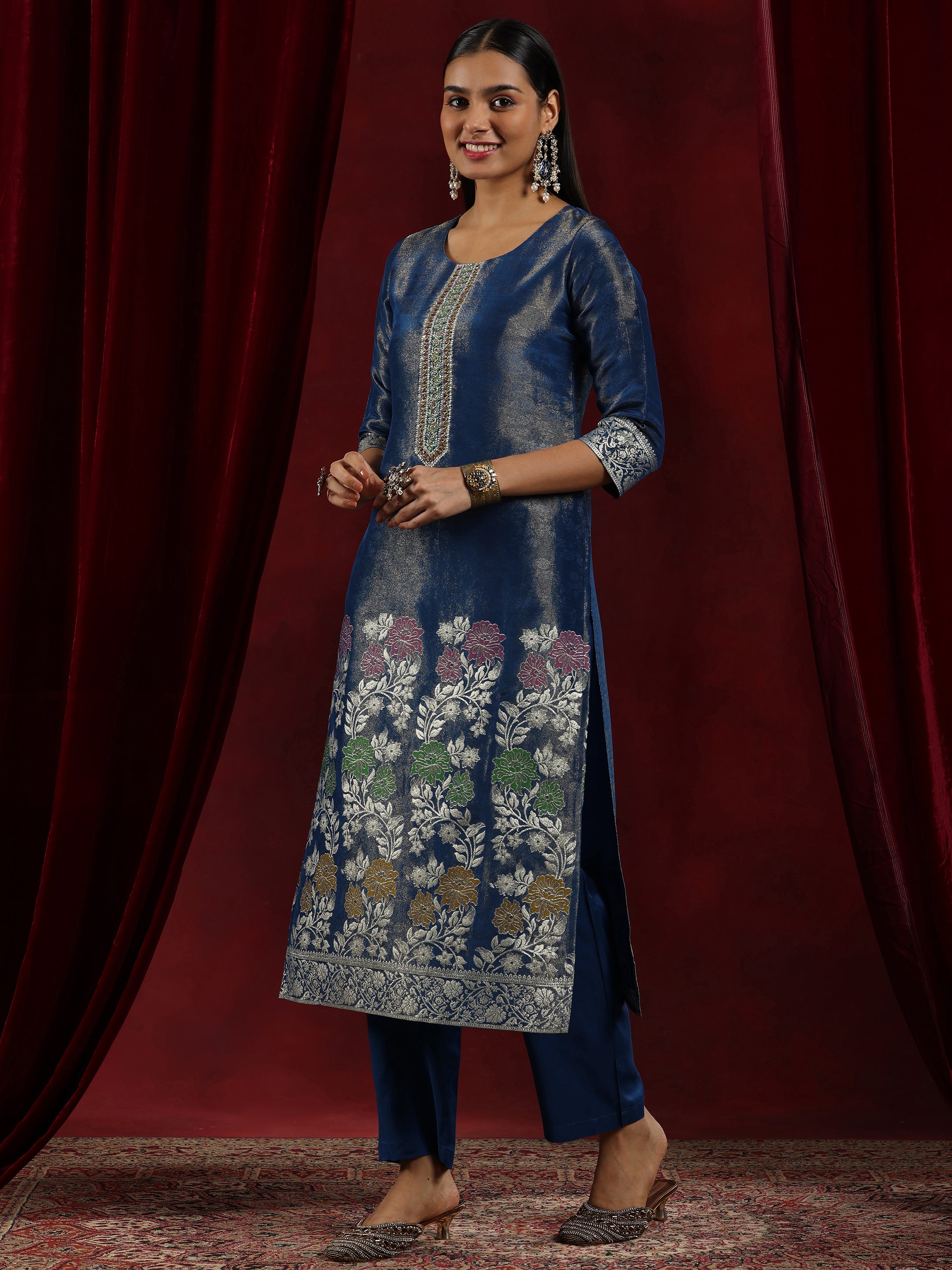 Libas Art Blue Woven Design Silk Blend Straight Suit With Dupatta