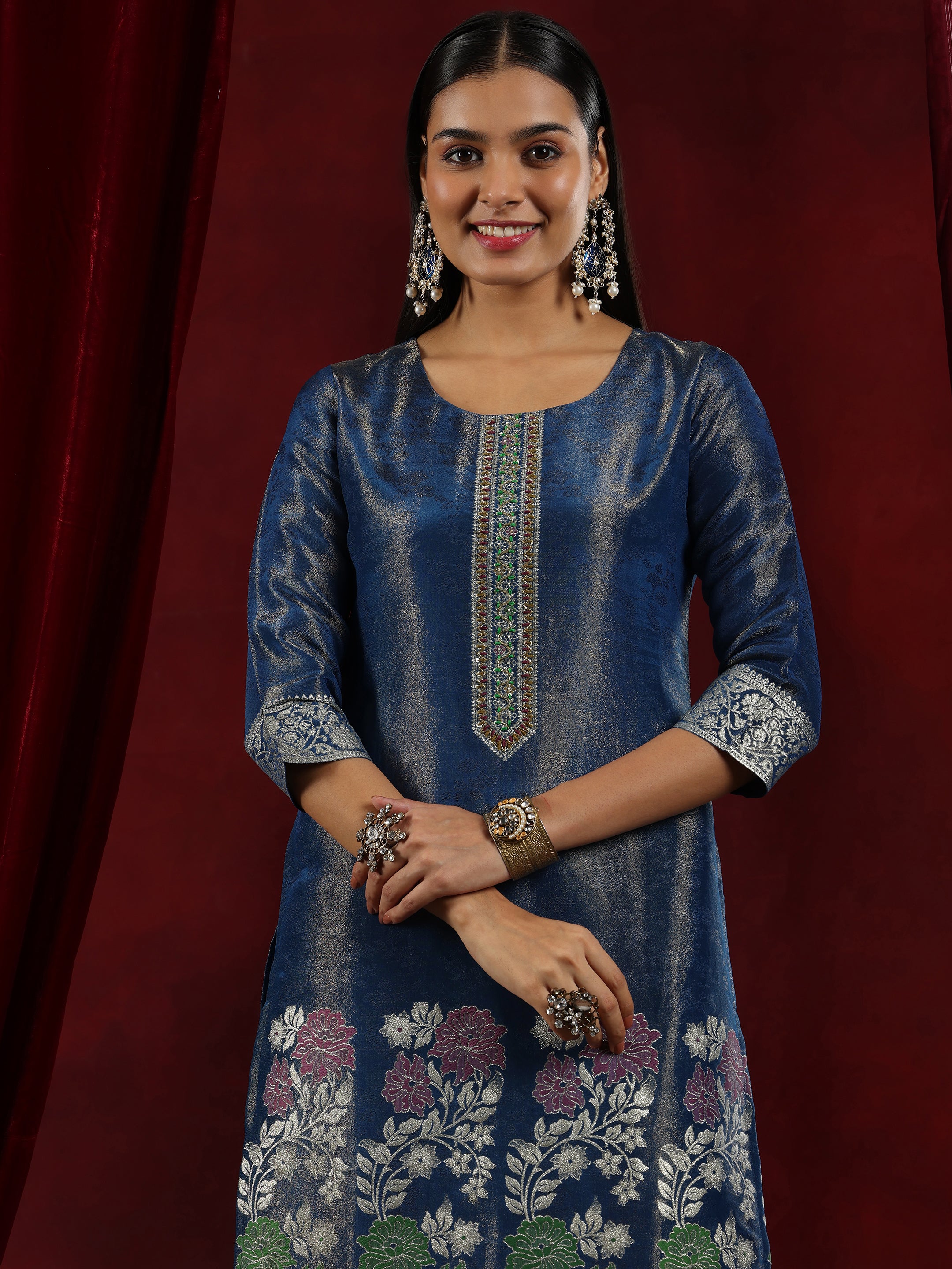 Libas Art Blue Woven Design Silk Blend Straight Suit With Dupatta