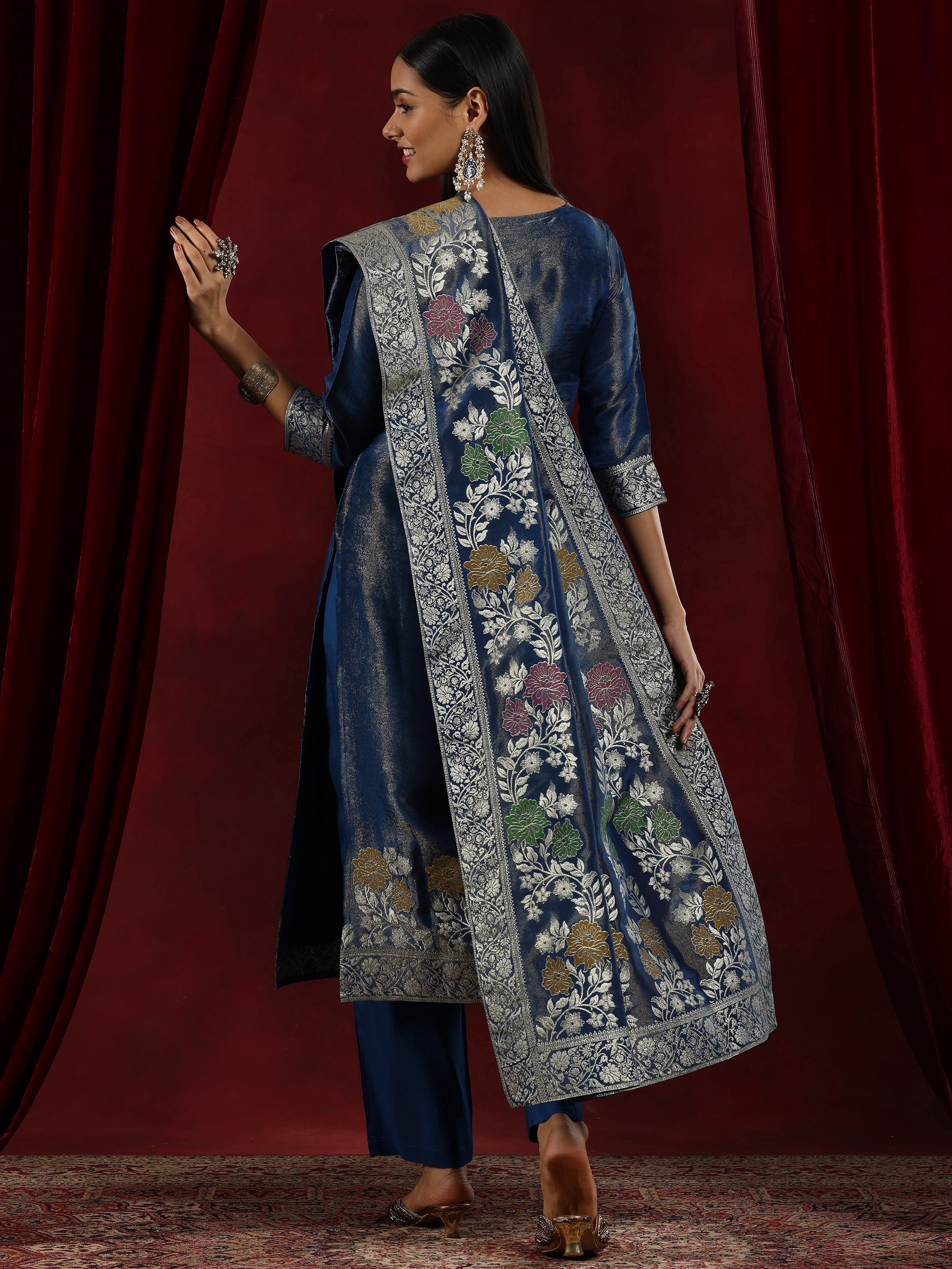 Libas Art Blue Woven Design Silk Blend Straight Suit With Dupatta