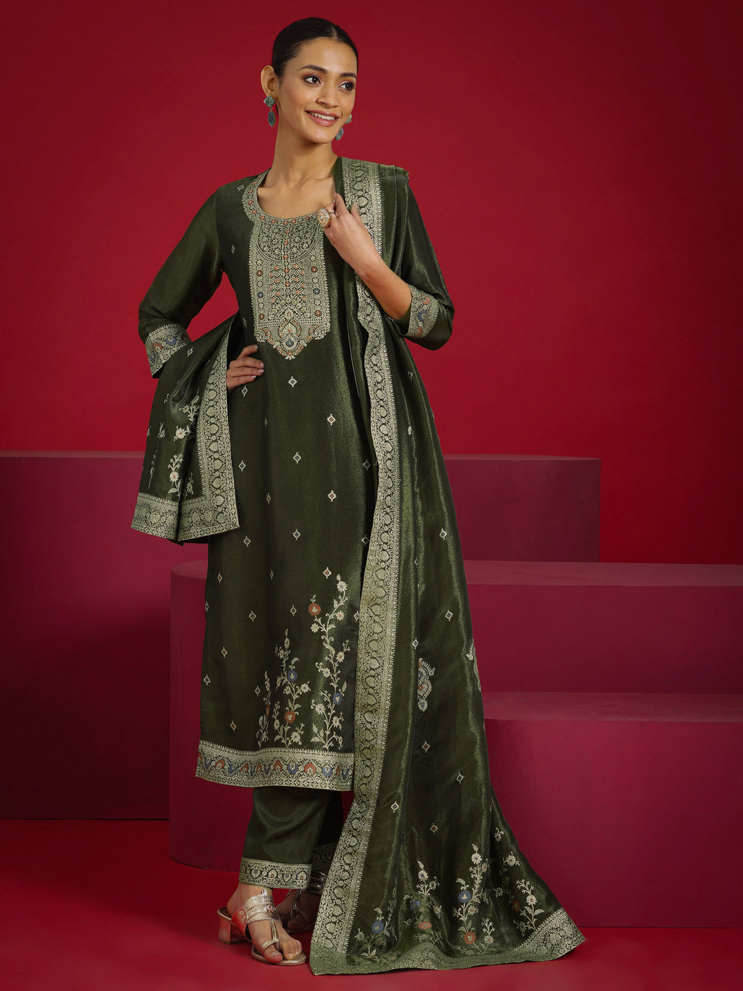 Libas Art Olive Woven Design Silk Blend Straight Suit With Dupatta