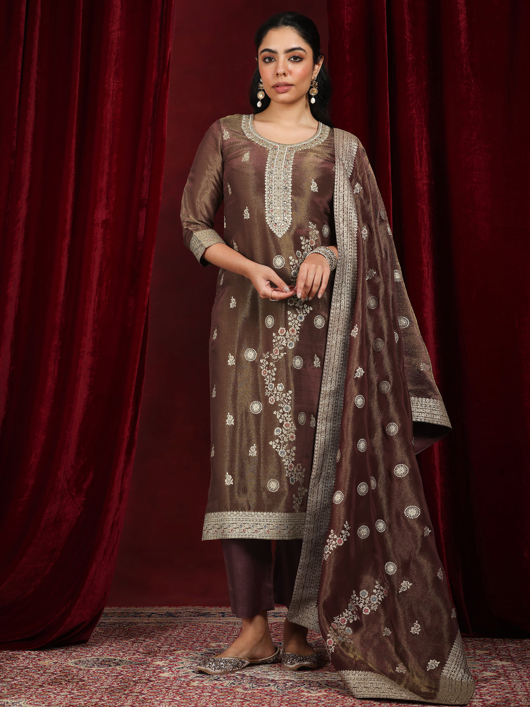 Libas Art Rust Woven Design Silk Blend Straight Suit With Dupatta