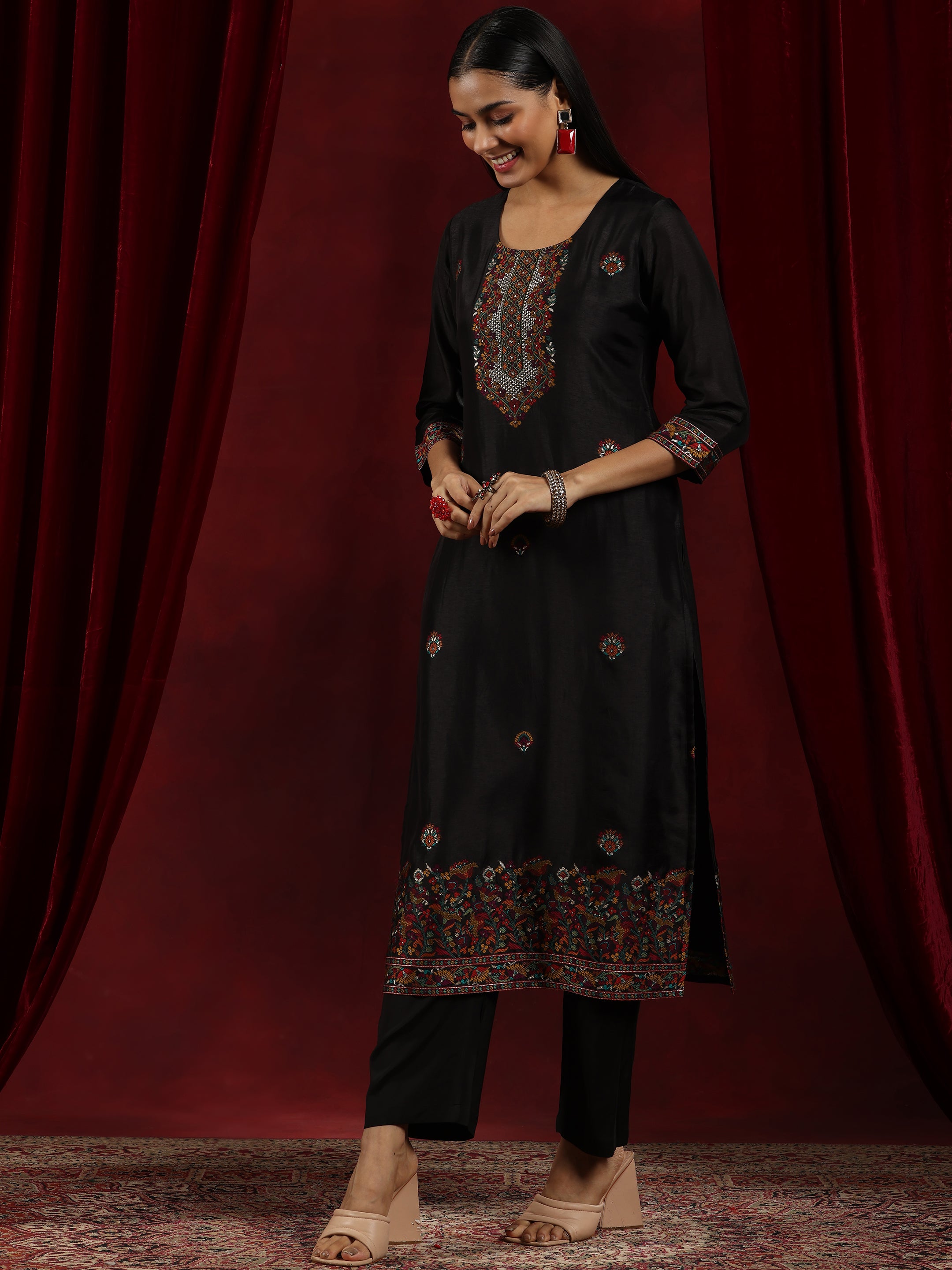 Libas Art Black Woven Design Silk Blend Straight Suit With Dupatta