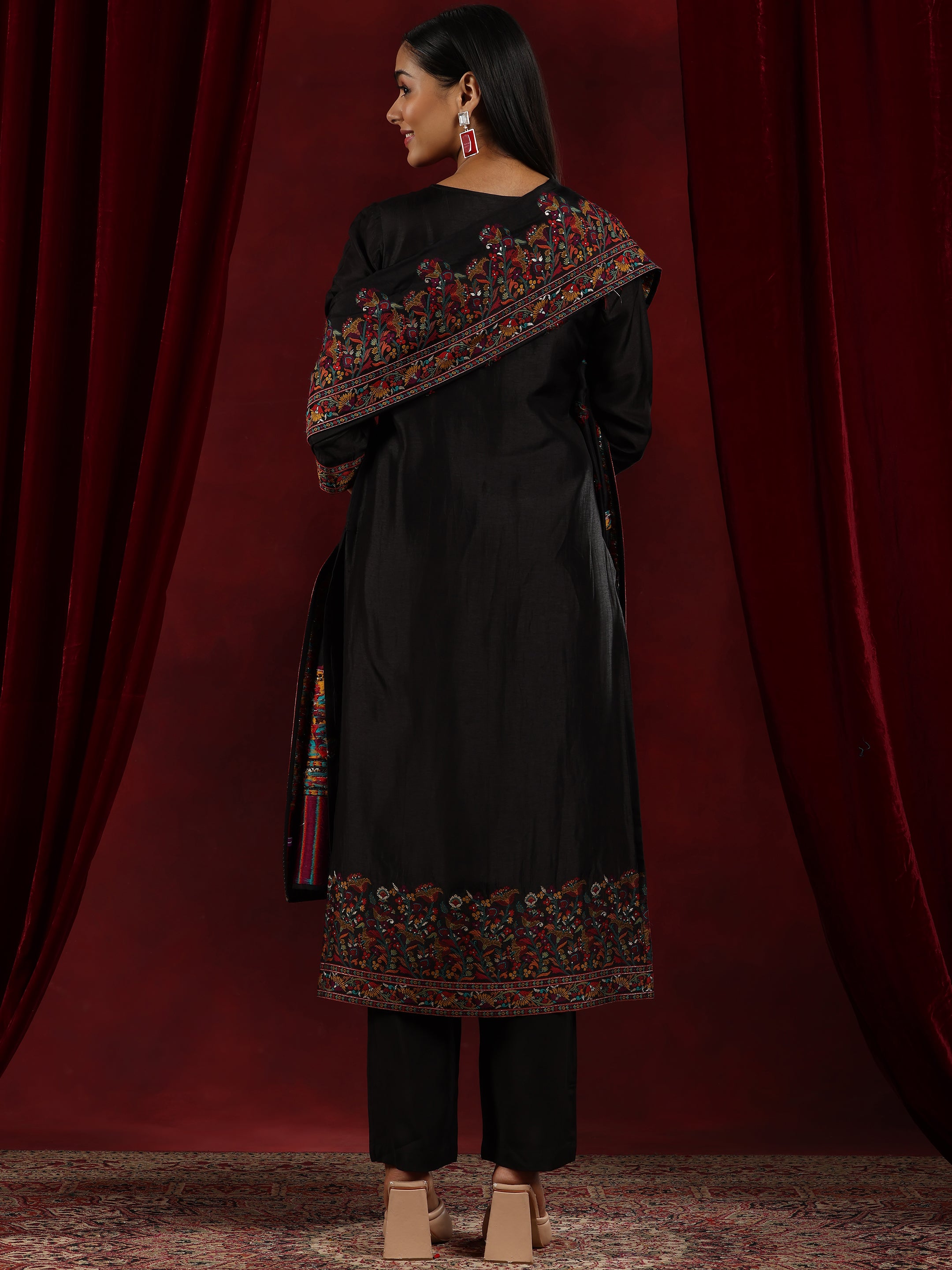 Libas Art Black Woven Design Silk Blend Straight Suit With Dupatta