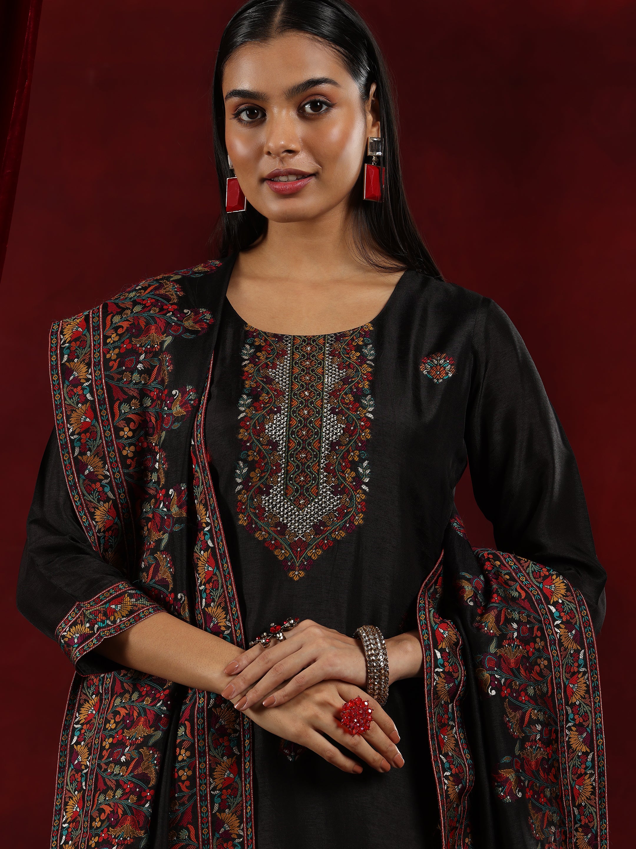 Libas Art Black Woven Design Silk Blend Straight Suit With Dupatta