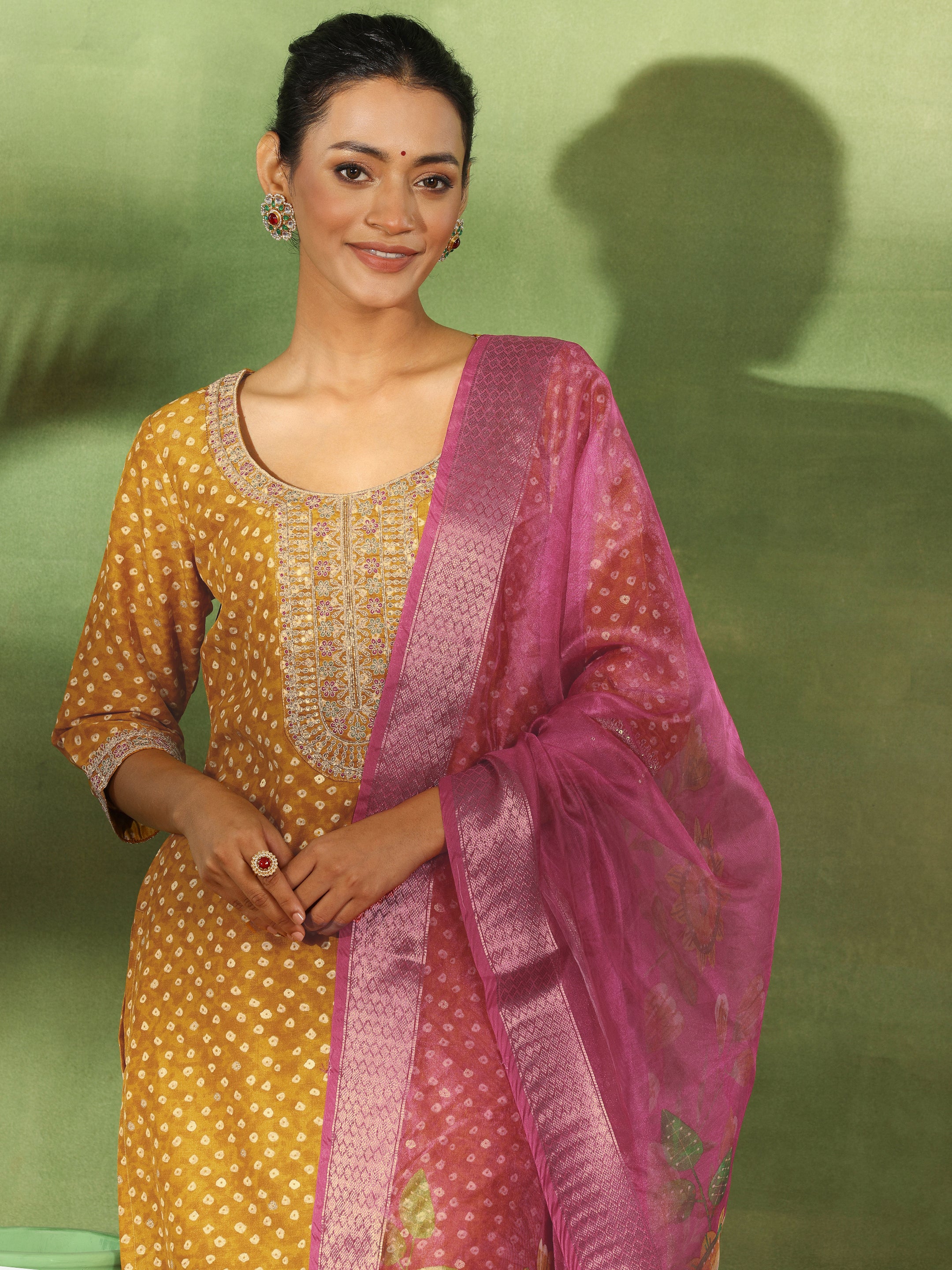 Mustard Printed Silk Blend Straight Suit With Dupatta