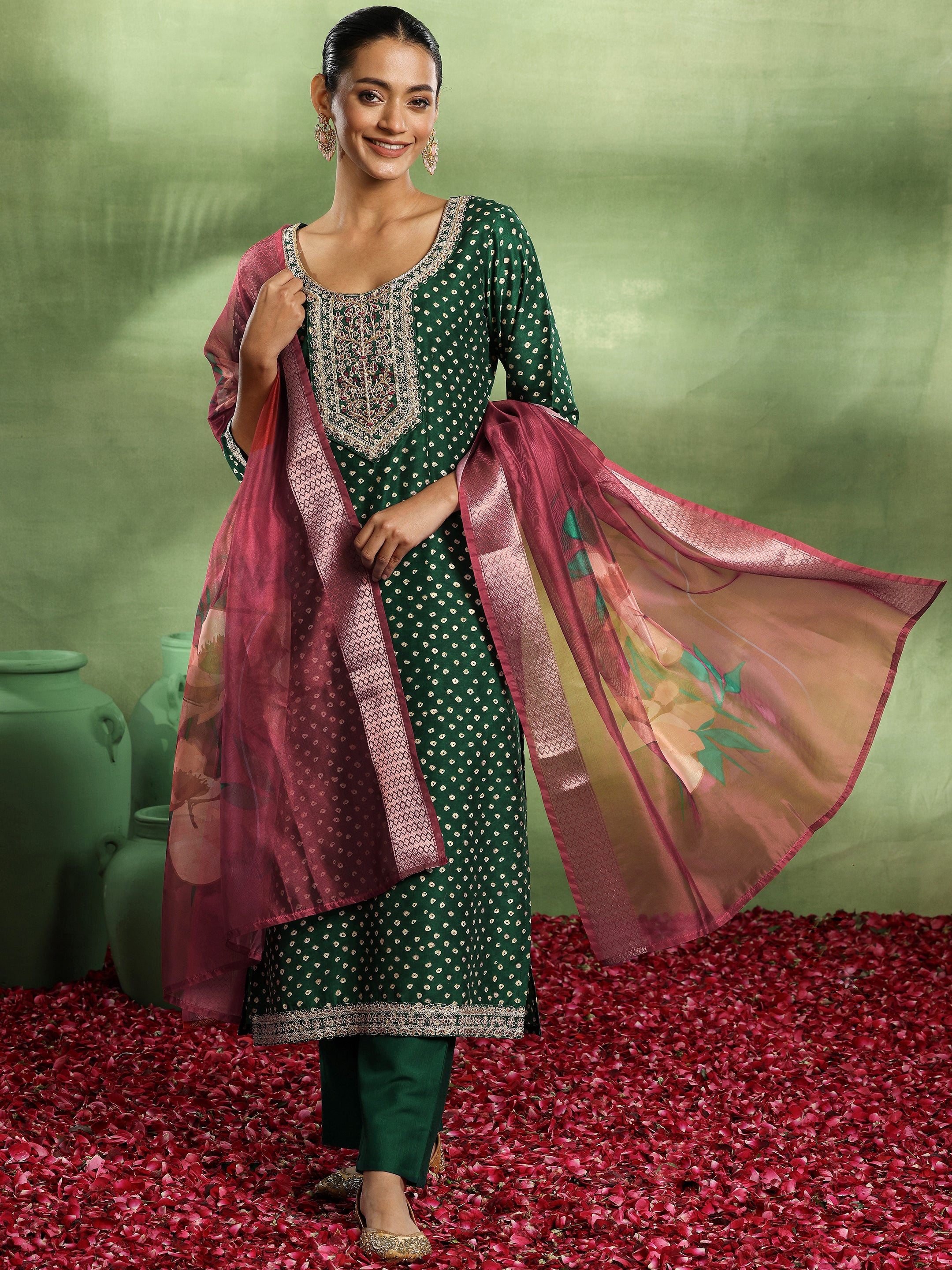 Green Printed Silk Blend Straight Suit With Dupatta