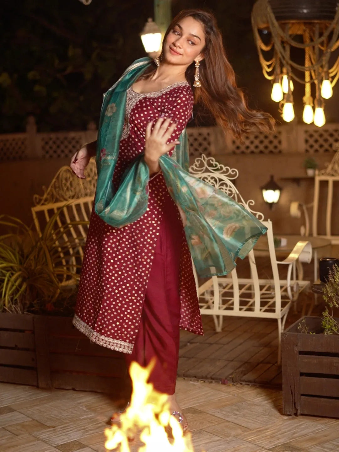 Maroon Printed Silk Blend Straight Suit With Dupatta