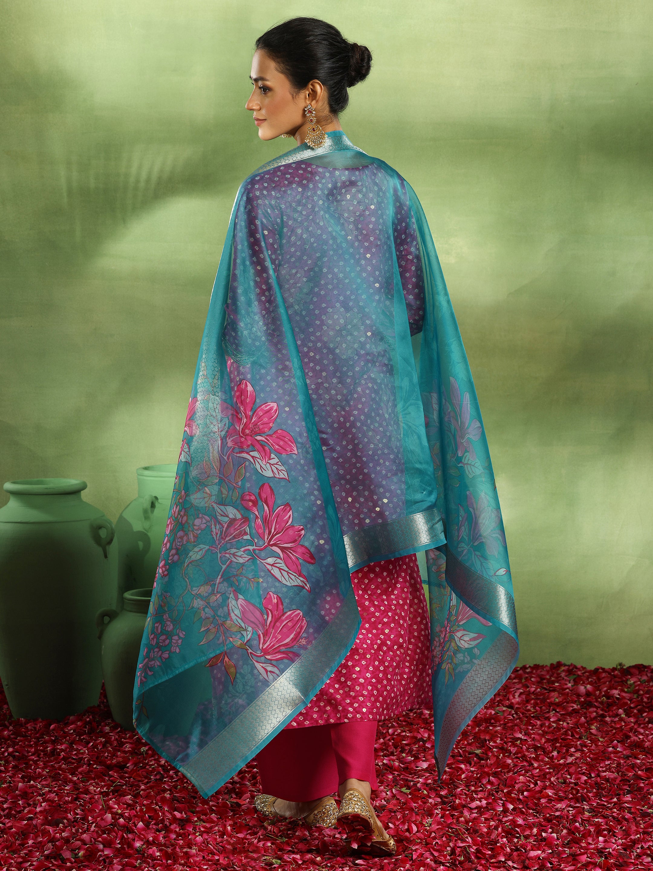 Pink Printed Silk Blend Straight Suit With Dupatta