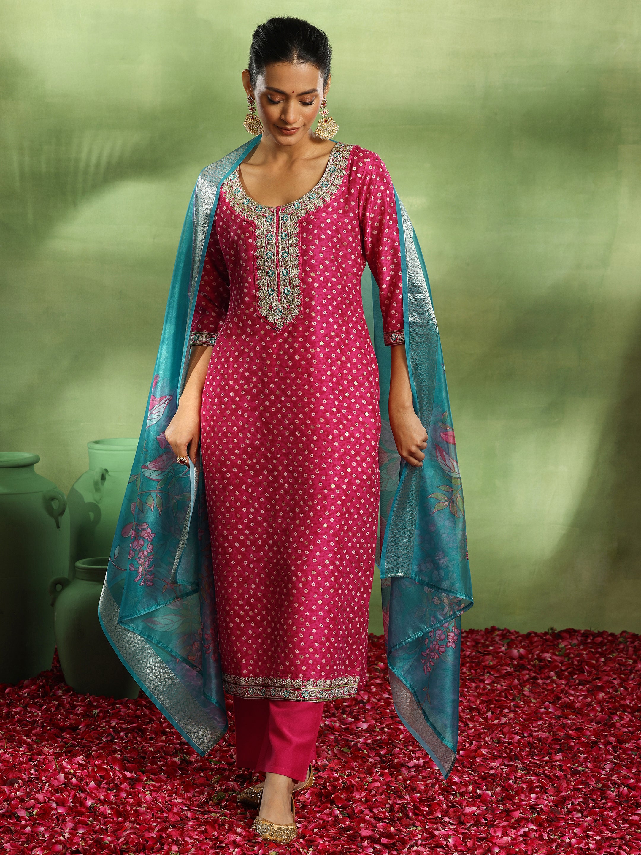 Pink Printed Silk Blend Straight Suit With Dupatta