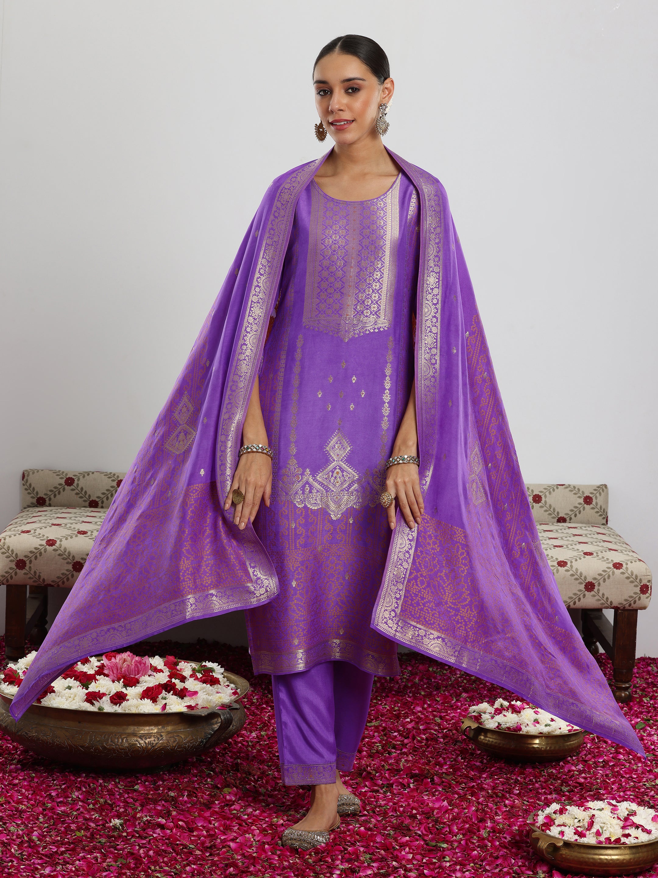 Lavender Woven Design Silk Blend Straight Suit With Dupatta