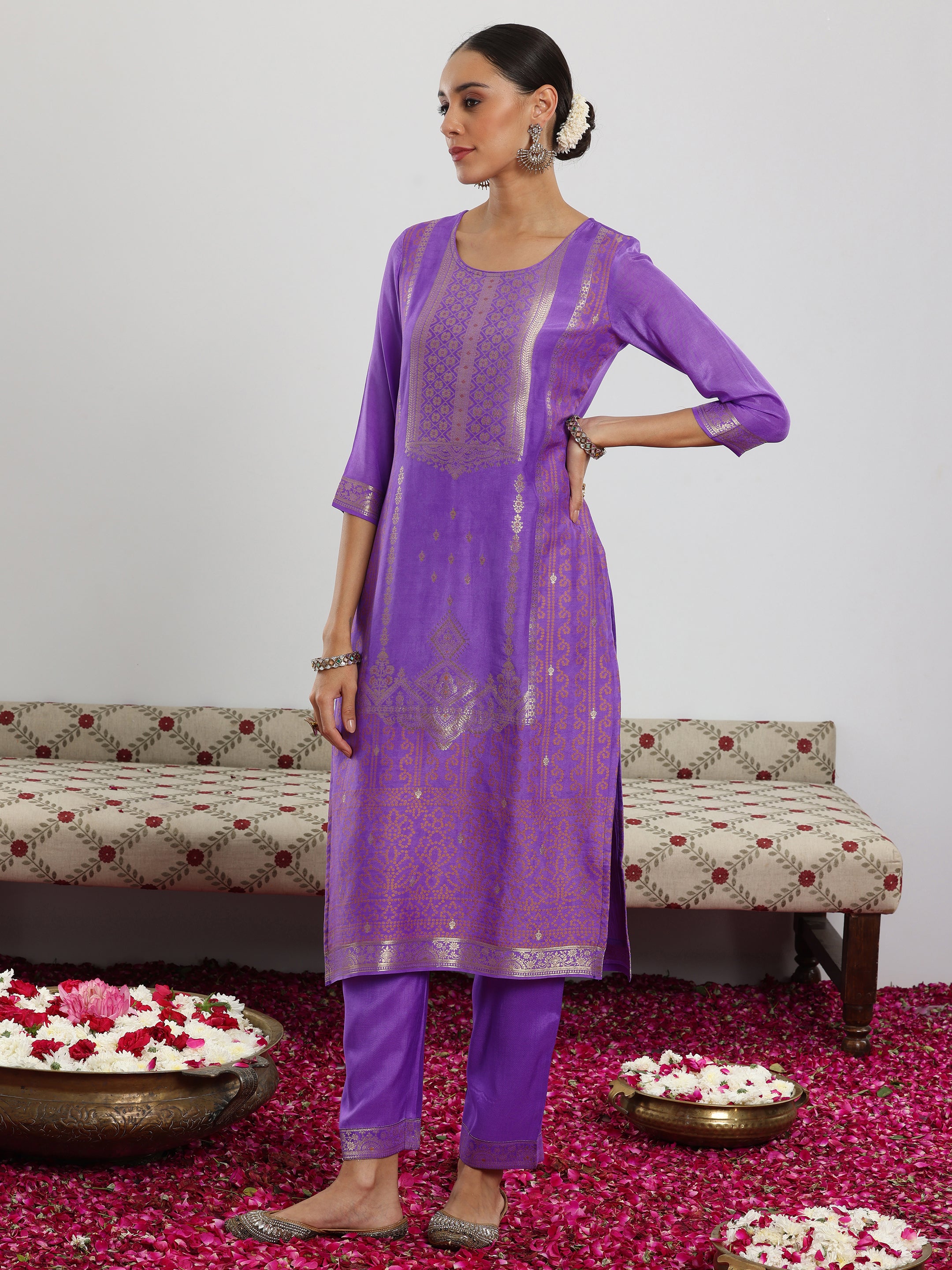 Lavender Woven Design Silk Blend Straight Suit With Dupatta