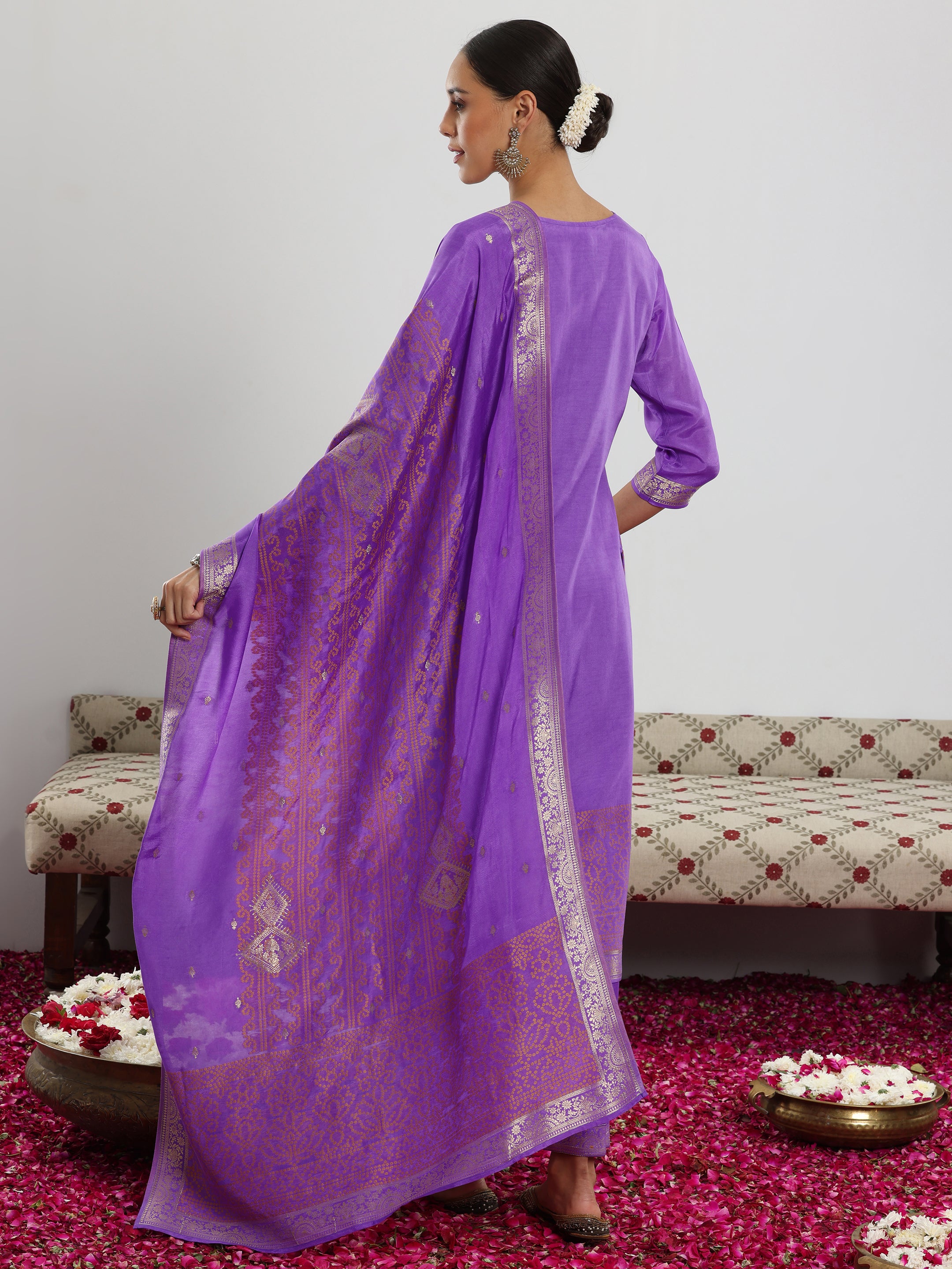 Lavender Woven Design Silk Blend Straight Suit With Dupatta