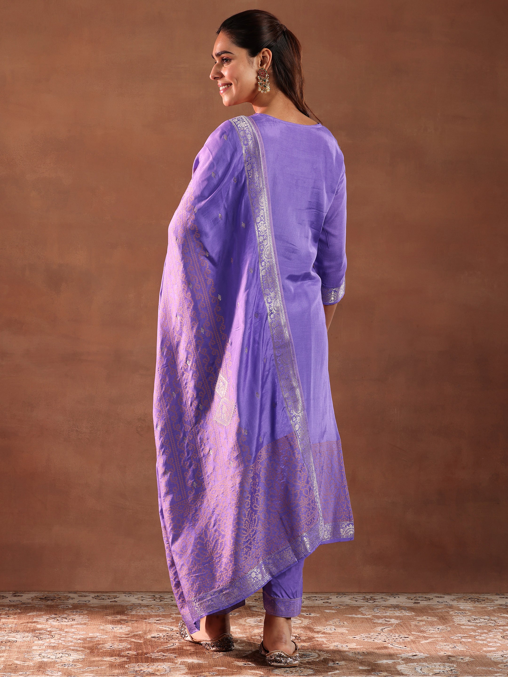 Lavender Woven Design Silk Blend Straight Suit With Dupatta