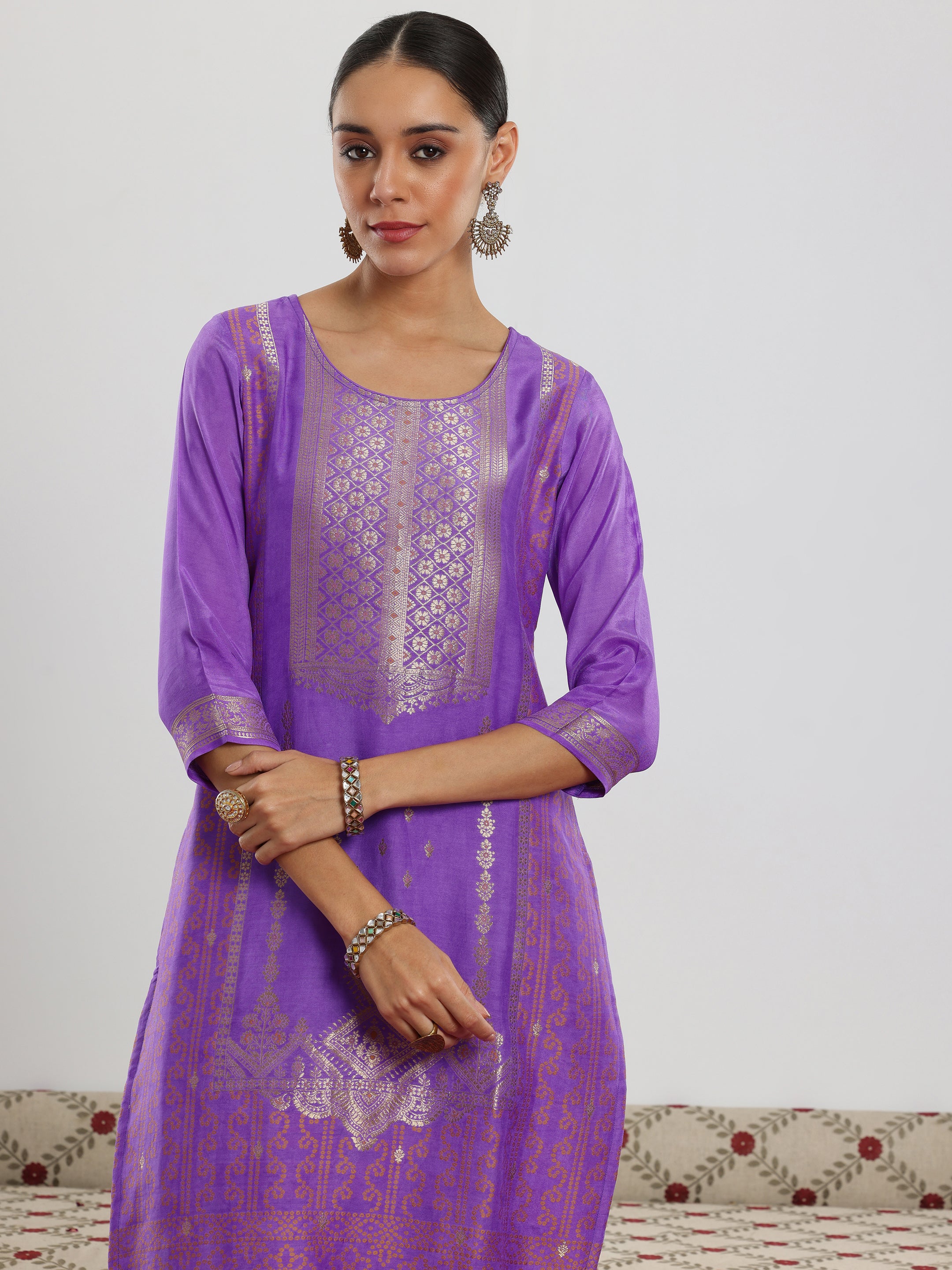 Lavender Woven Design Silk Blend Straight Suit With Dupatta