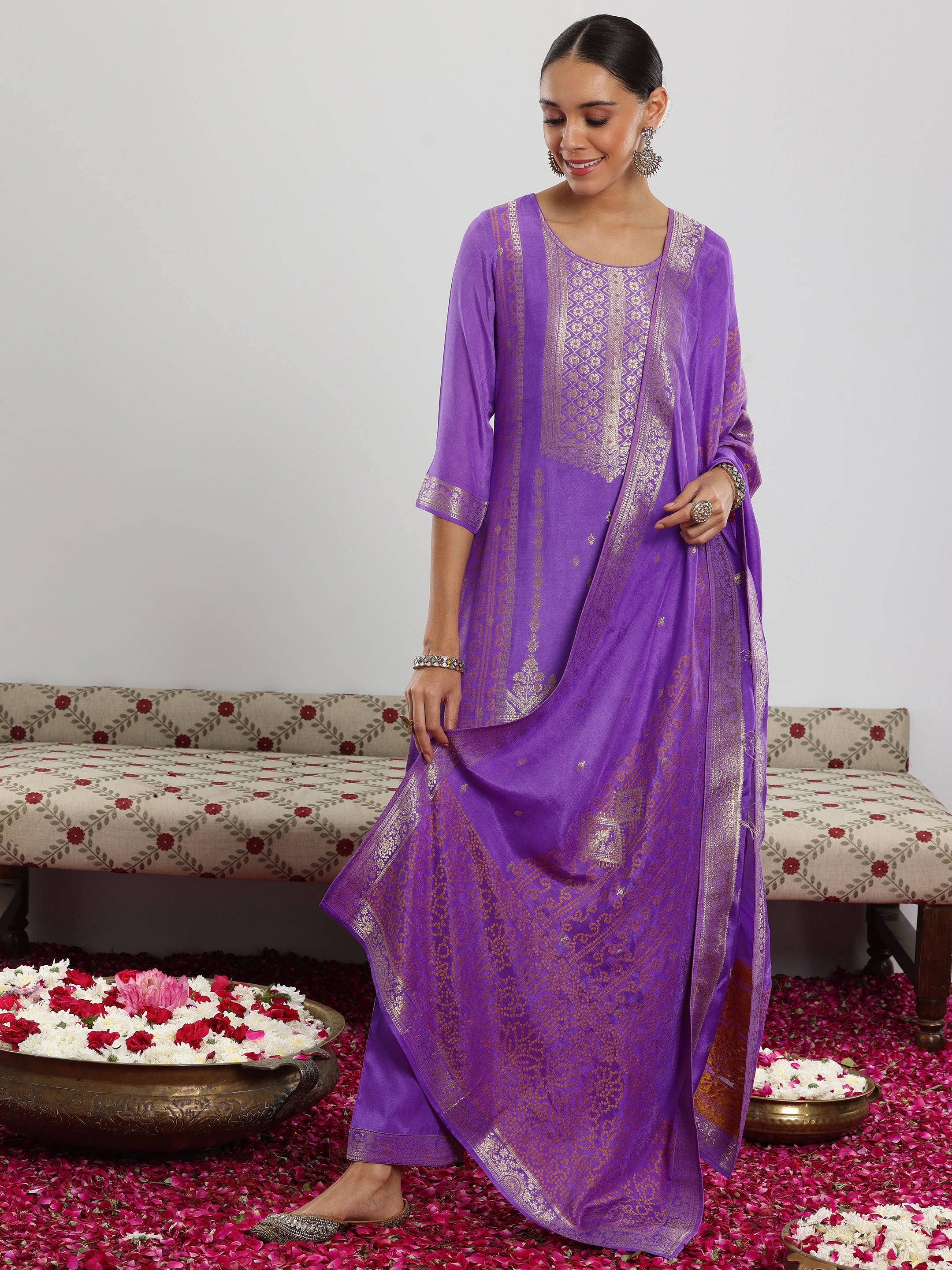 Lavender Woven Design Silk Blend Straight Suit With Dupatta