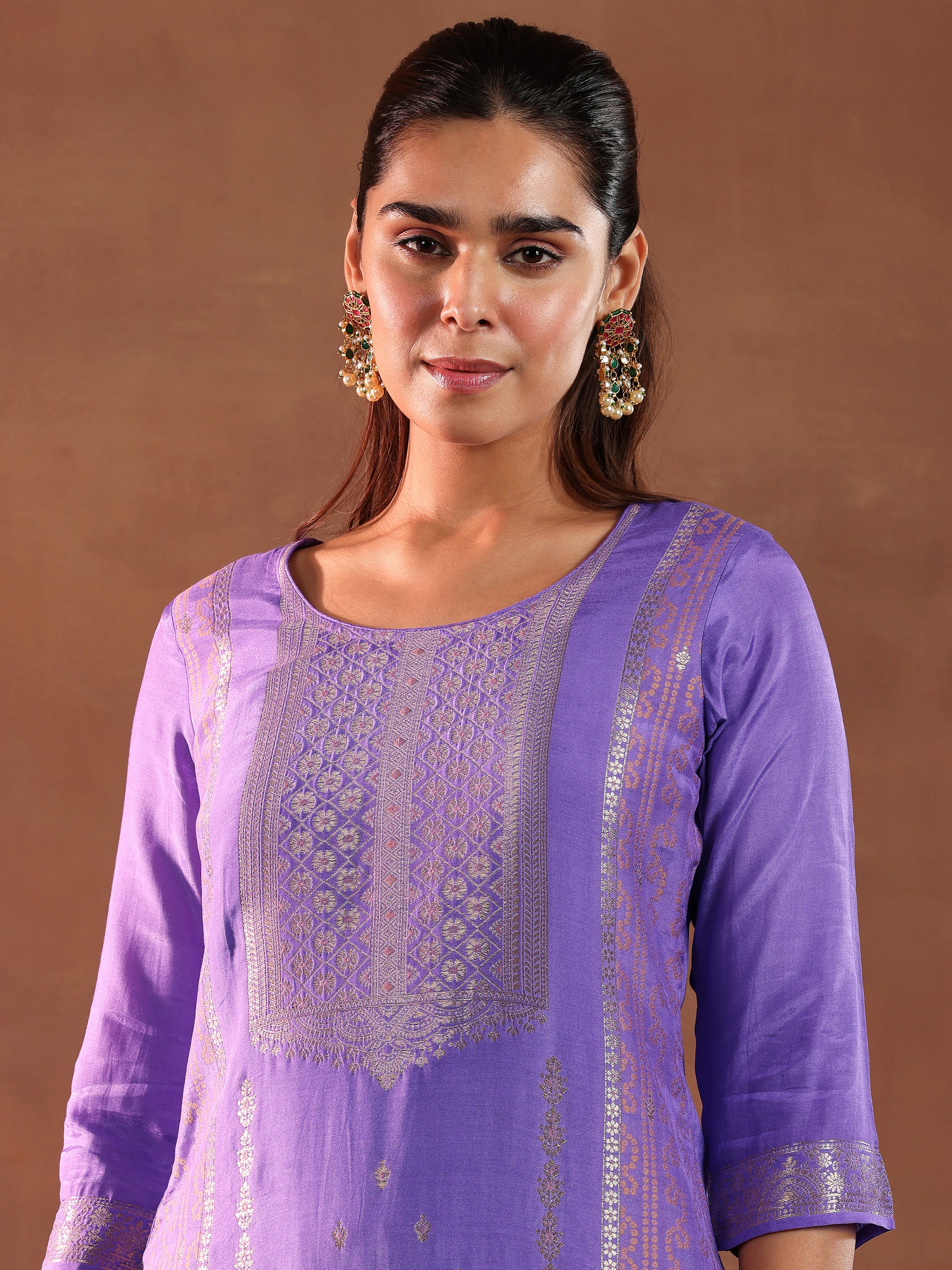 Lavender Woven Design Silk Blend Straight Suit With Dupatta