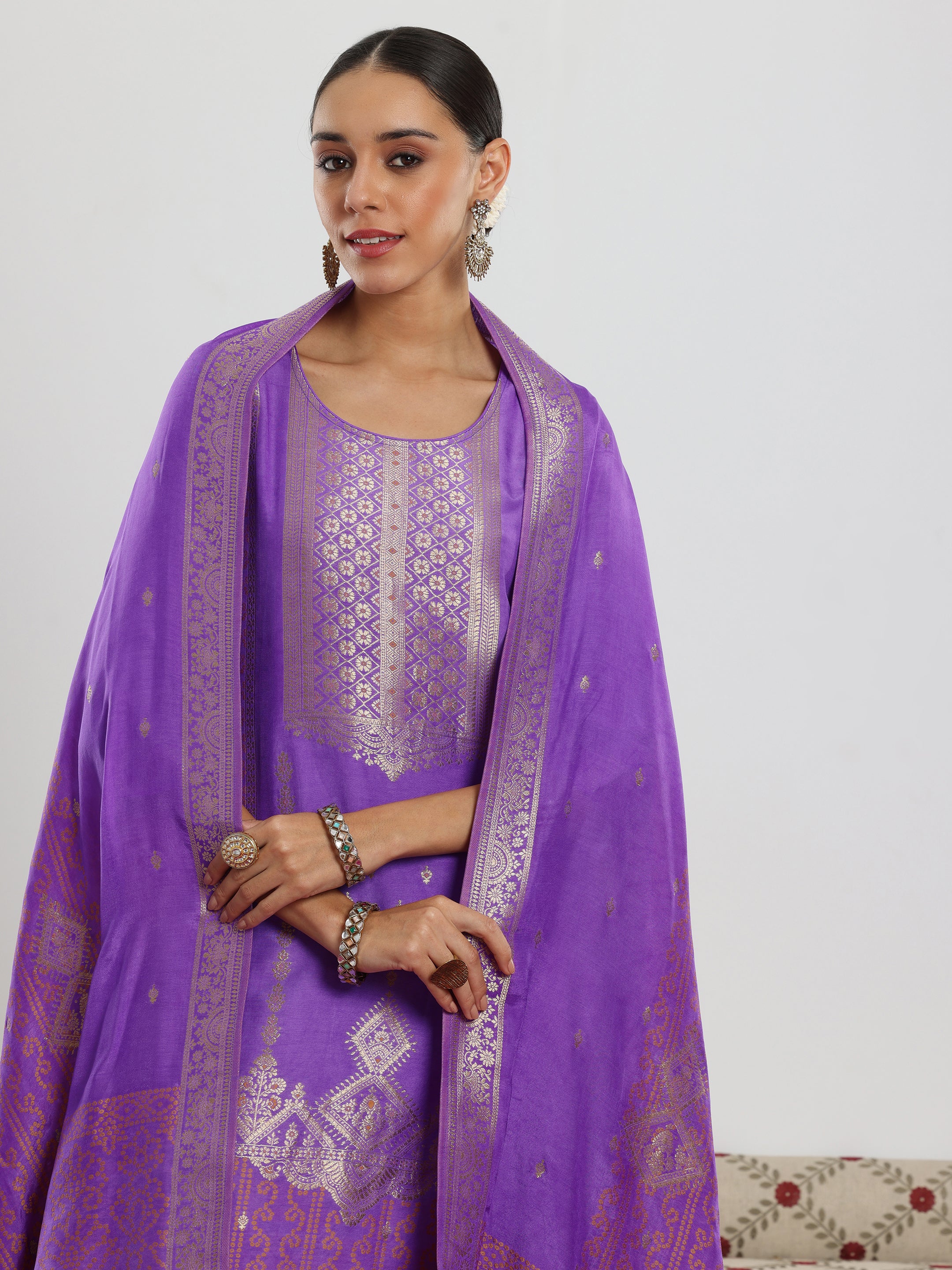 Lavender Woven Design Silk Blend Straight Suit With Dupatta