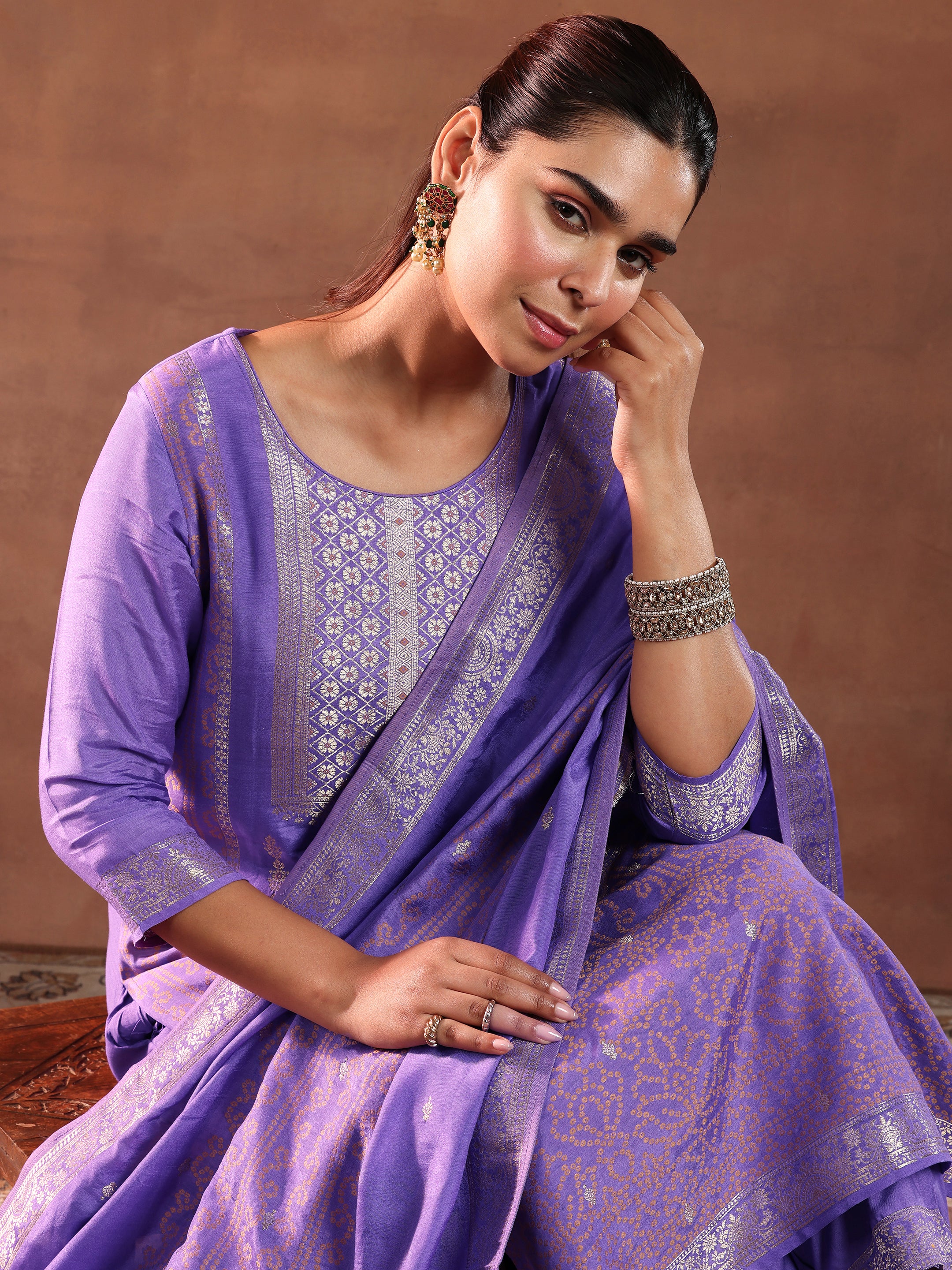 Lavender Woven Design Silk Blend Straight Suit With Dupatta