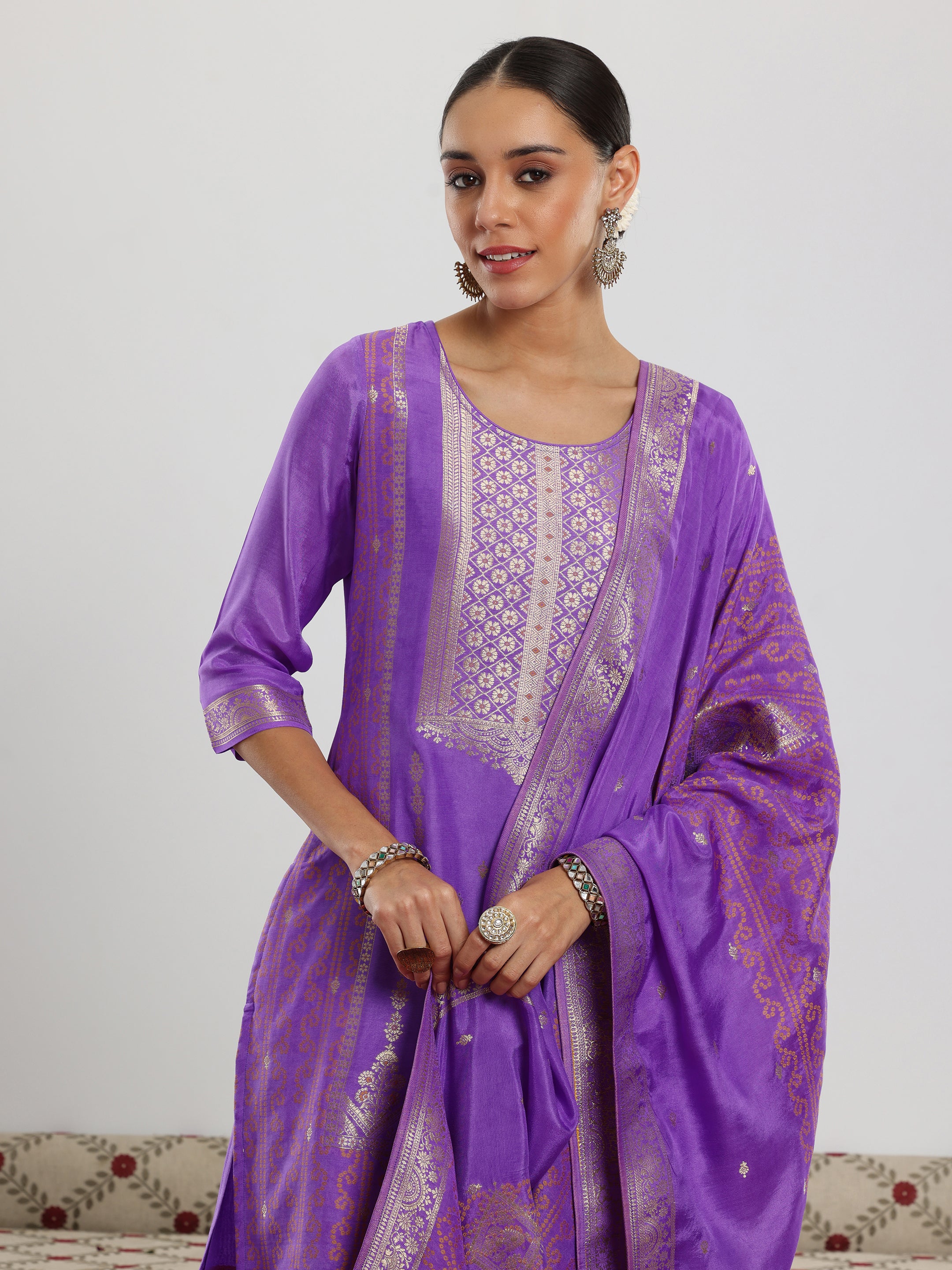 Lavender Woven Design Silk Blend Straight Suit With Dupatta