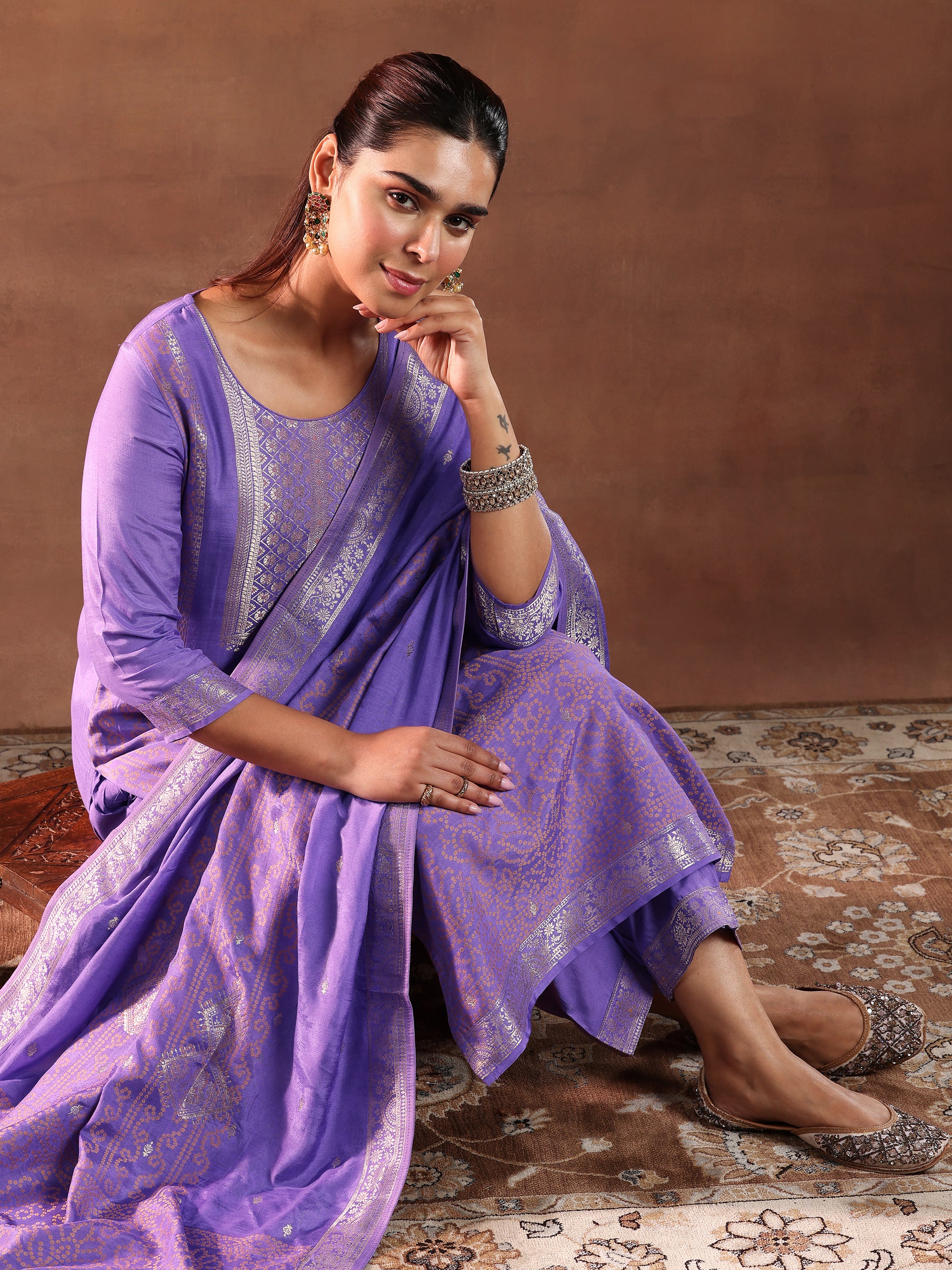 Lavender Woven Design Silk Blend Straight Suit With Dupatta