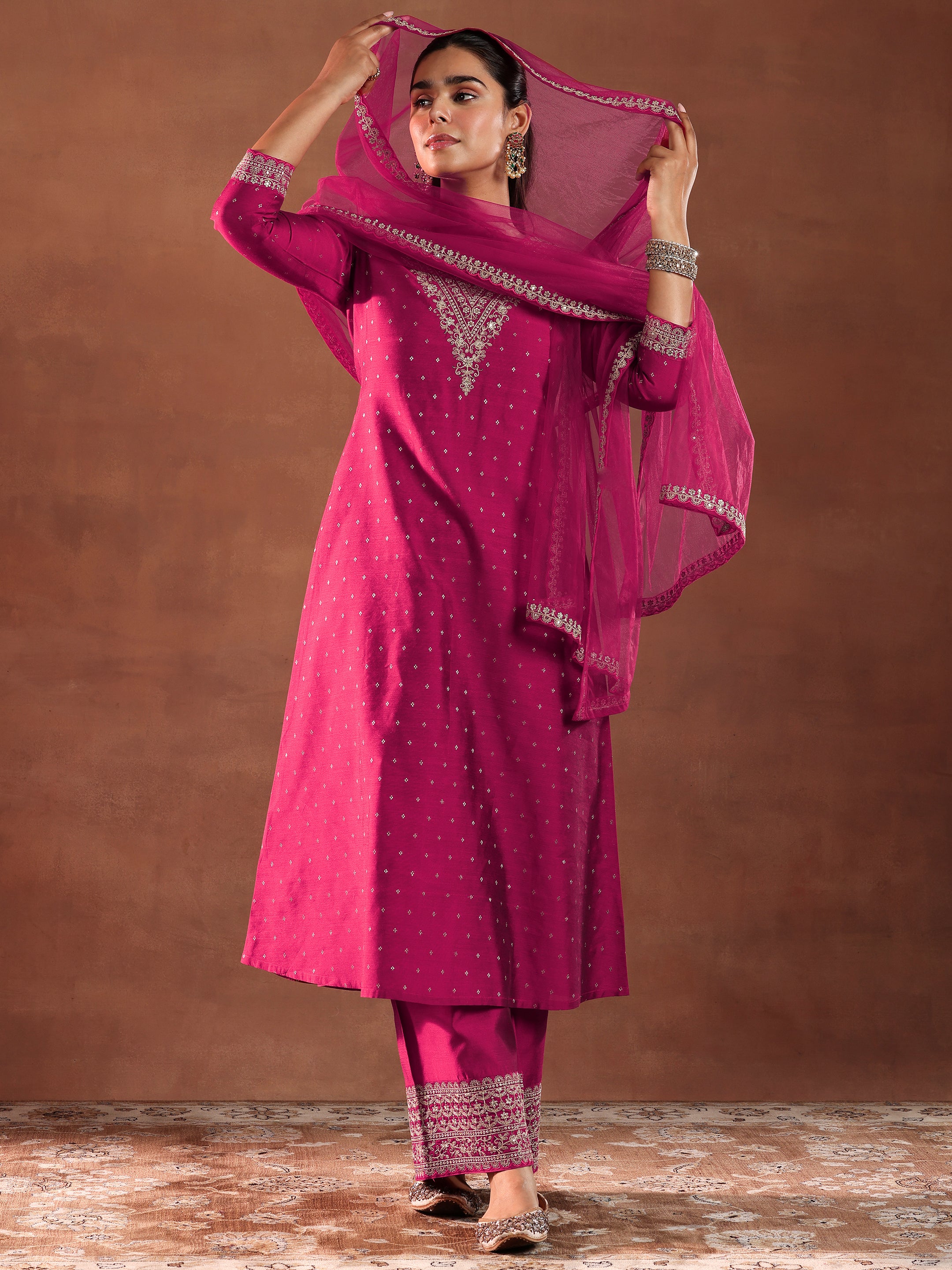 Magenta Woven Design Chanderi Silk A-Line Kurta With Trousers & Dupatta