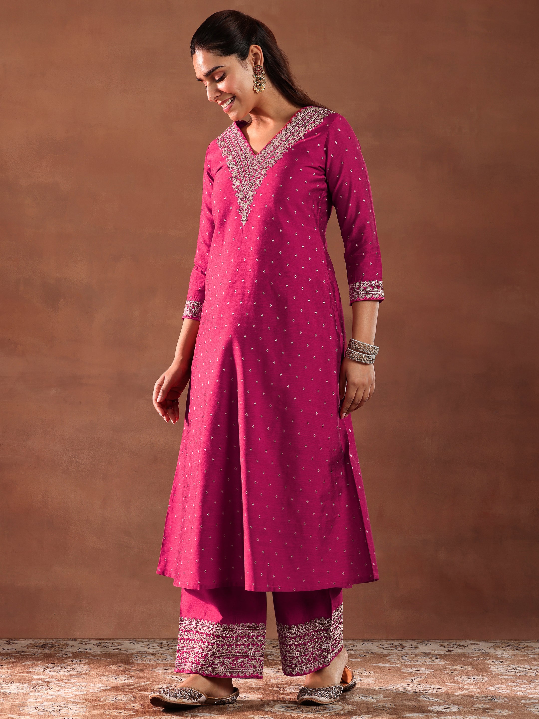 Magenta Woven Design Chanderi Silk A-Line Kurta With Trousers & Dupatta