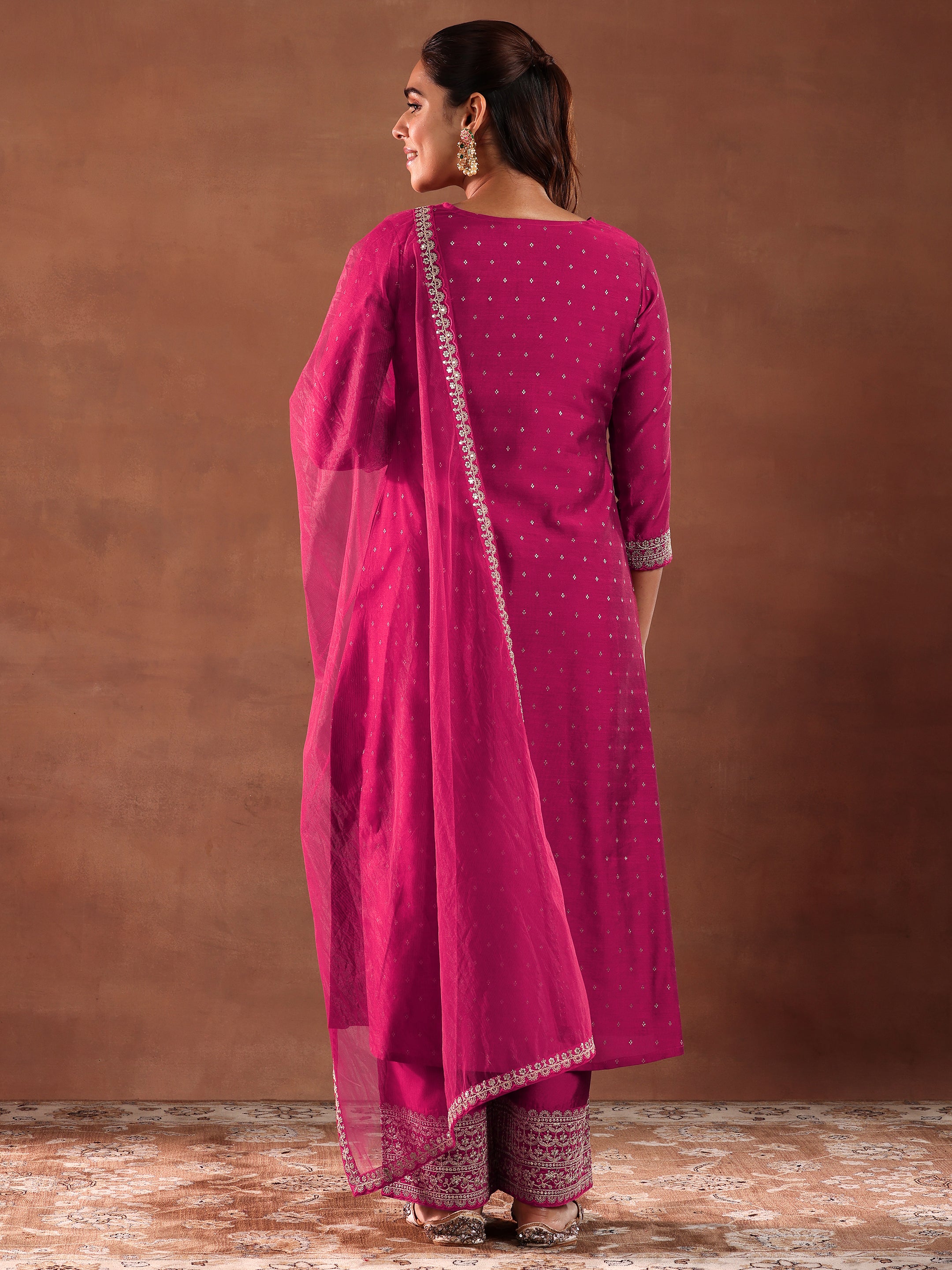 Magenta Woven Design Chanderi Silk A-Line Kurta With Trousers & Dupatta