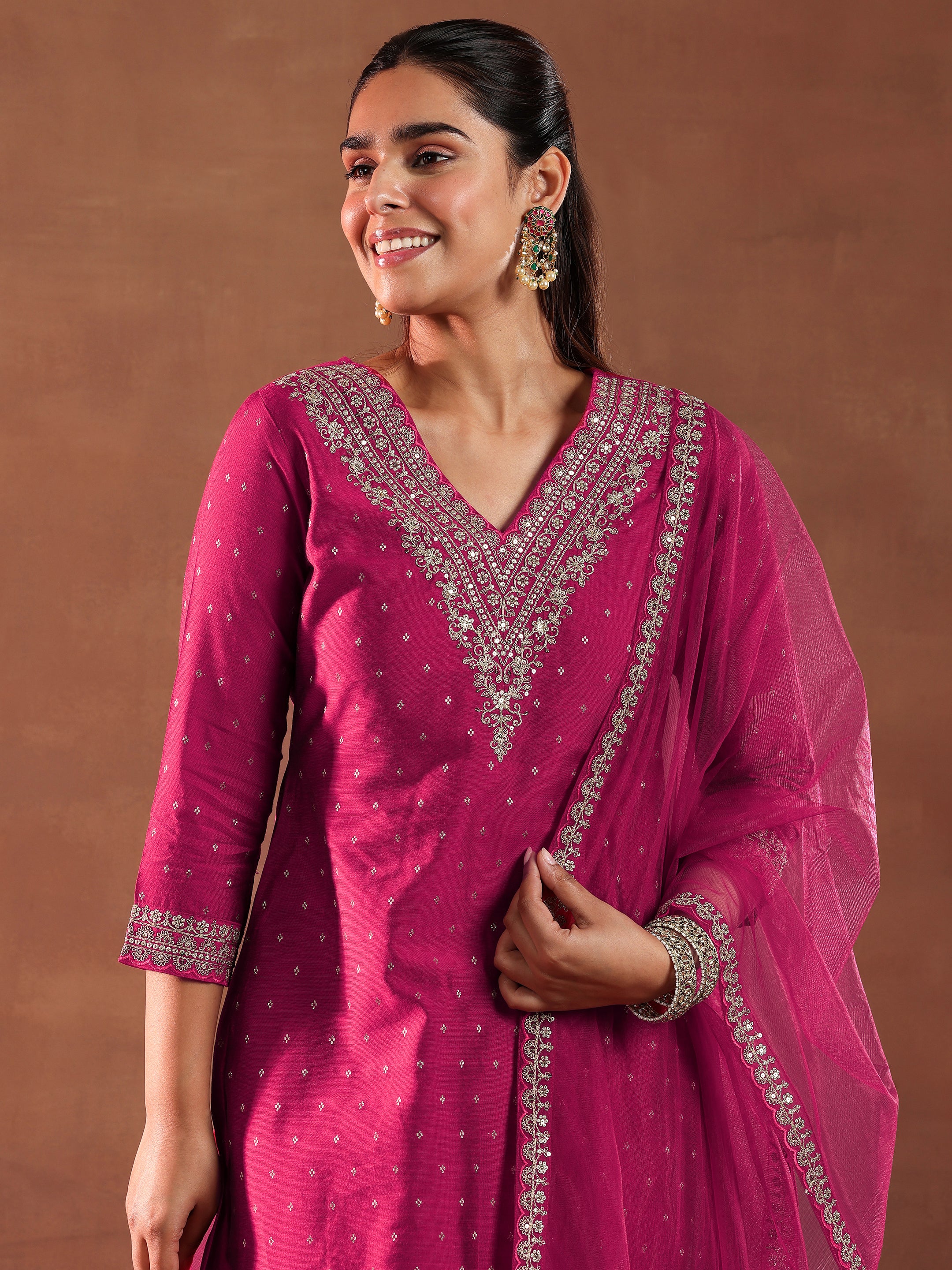 Magenta Woven Design Chanderi Silk A-Line Kurta With Trousers & Dupatta