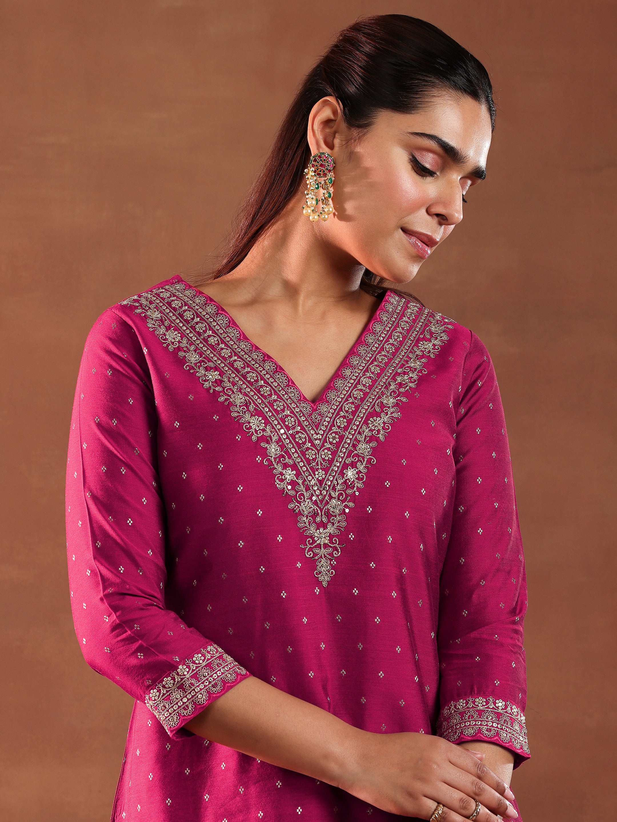 Magenta Woven Design Chanderi Silk A-Line Kurta With Trousers & Dupatta