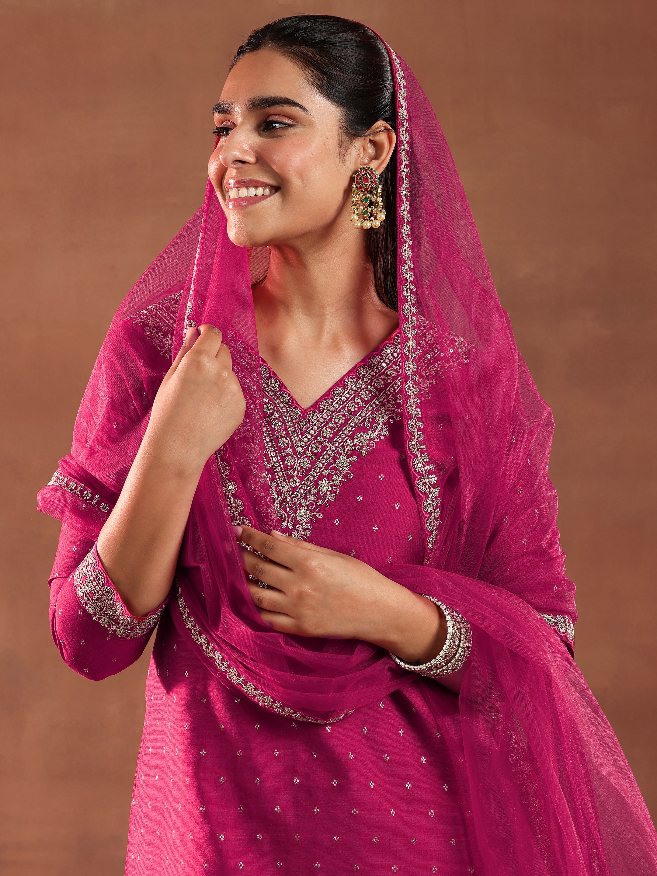 Magenta Woven Design Chanderi Silk A-Line Kurta With Trousers & Dupatta