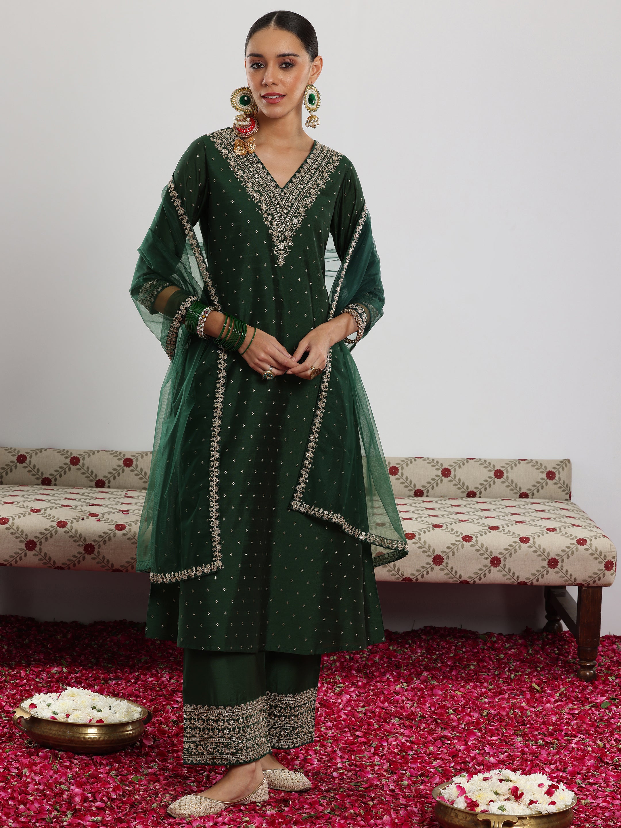 Green Woven Design Chanderi Silk A-Line Kurta With Trousers & Dupatta