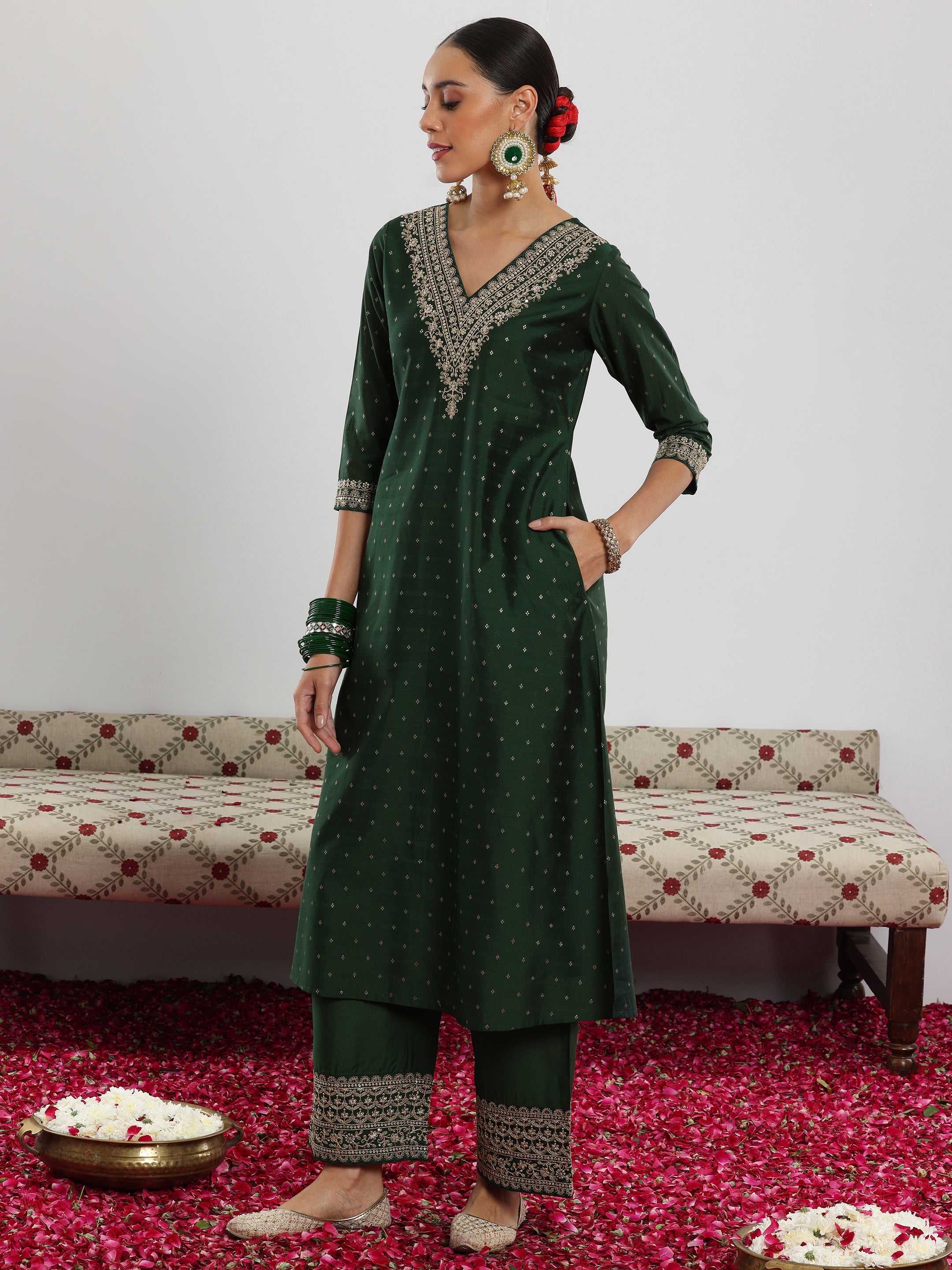 Green Woven Design Chanderi Silk A-Line Kurta With Trousers & Dupatta