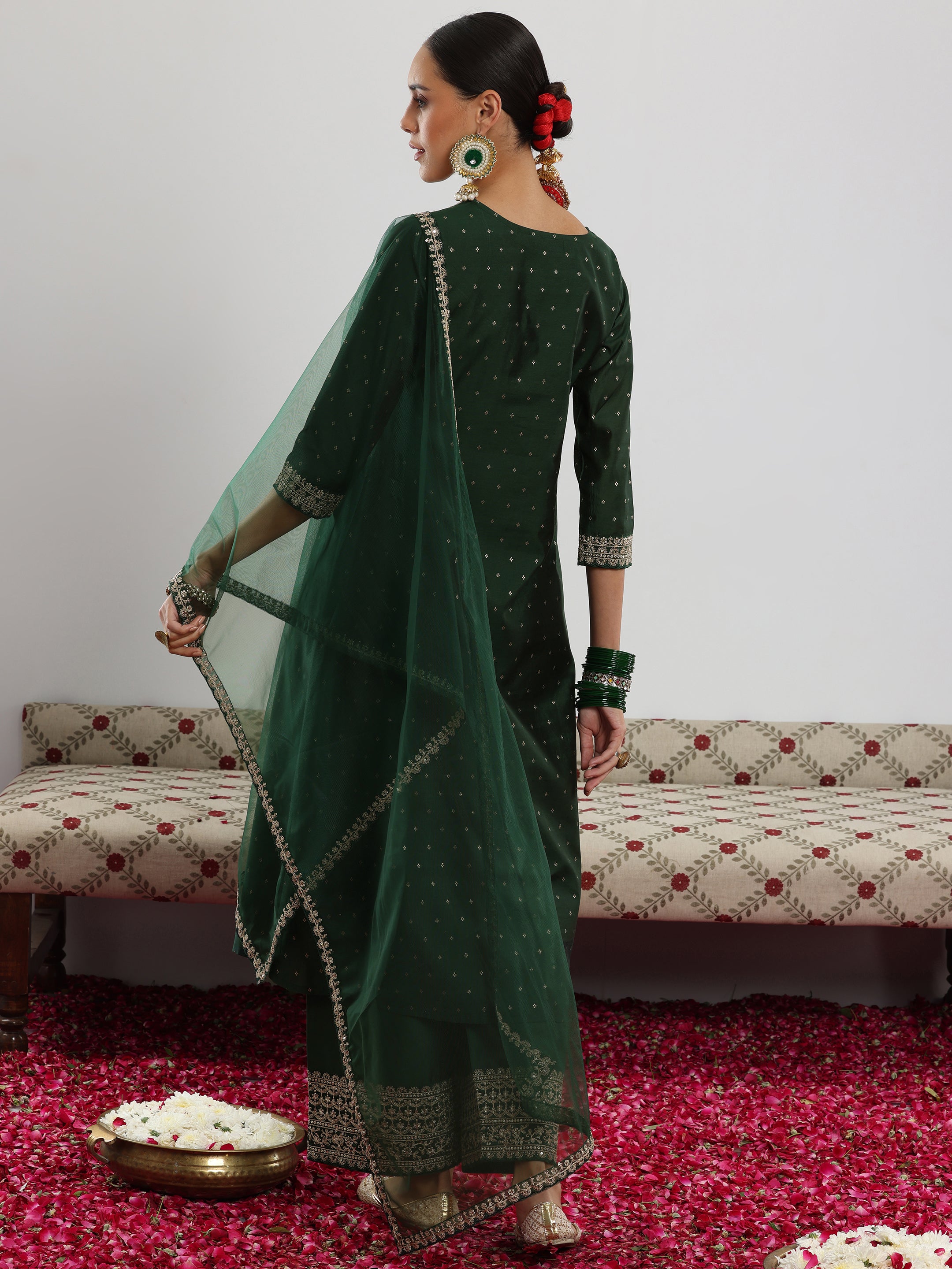 Green Woven Design Chanderi Silk A-Line Kurta With Trousers & Dupatta