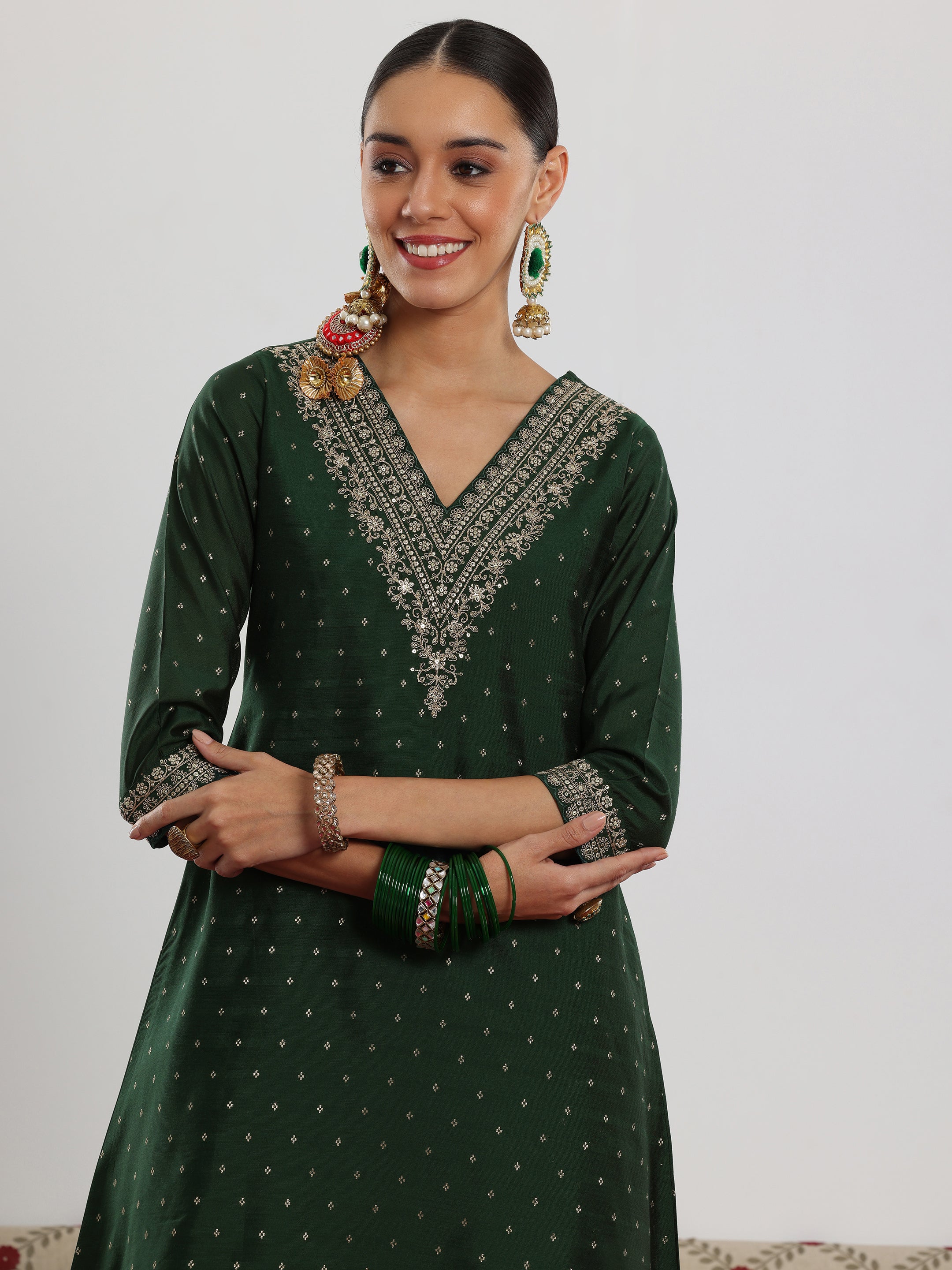 Green Woven Design Chanderi Silk A-Line Kurta With Trousers & Dupatta