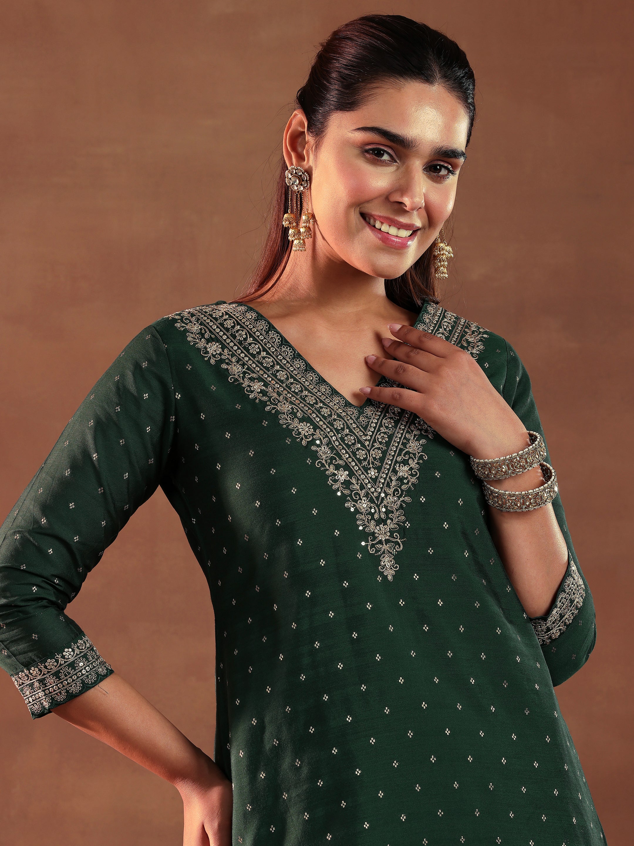 Green Woven Design Chanderi Silk A-Line Kurta With Trousers & Dupatta