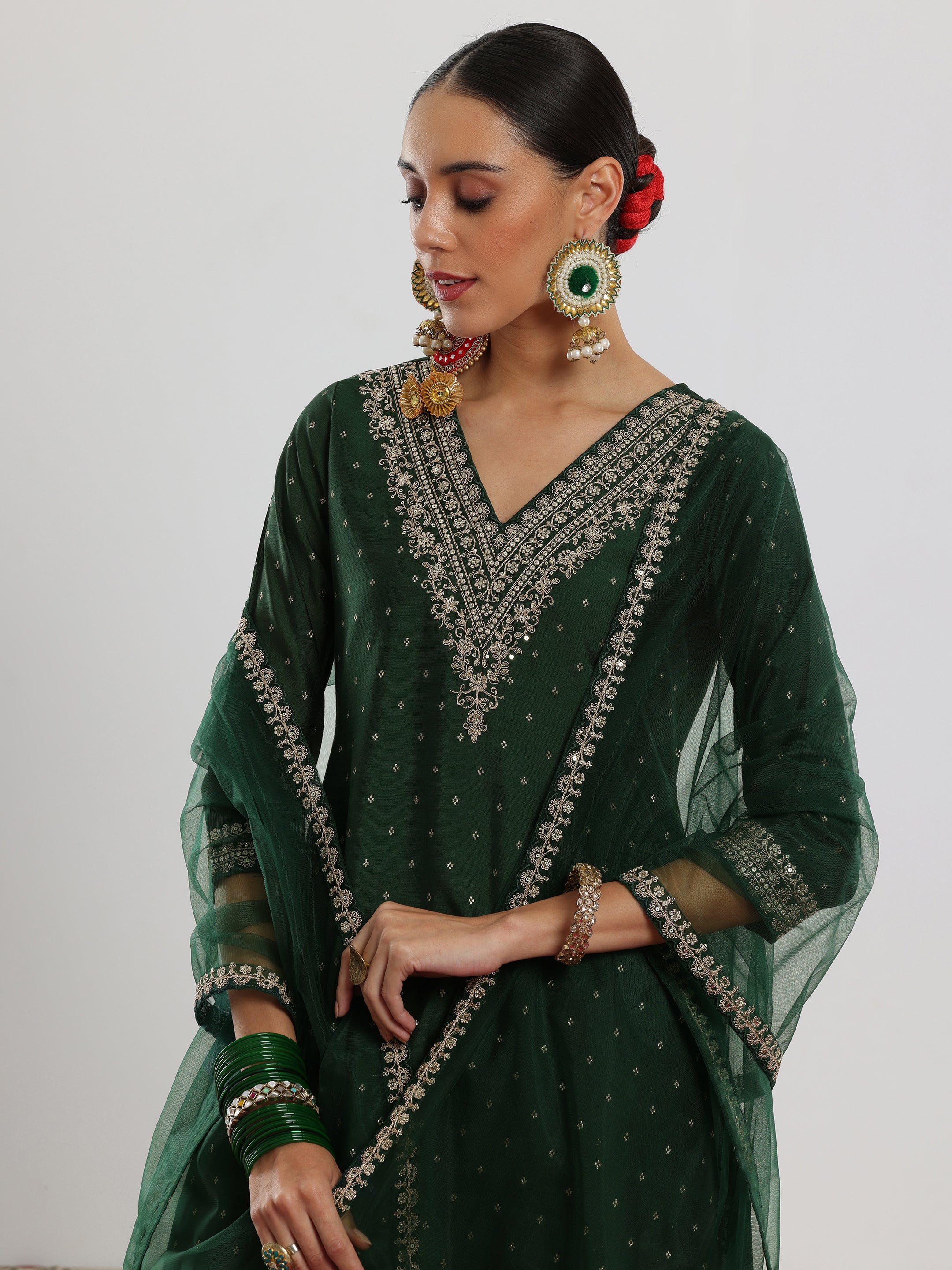 Green Woven Design Chanderi Silk A-Line Kurta With Trousers & Dupatta