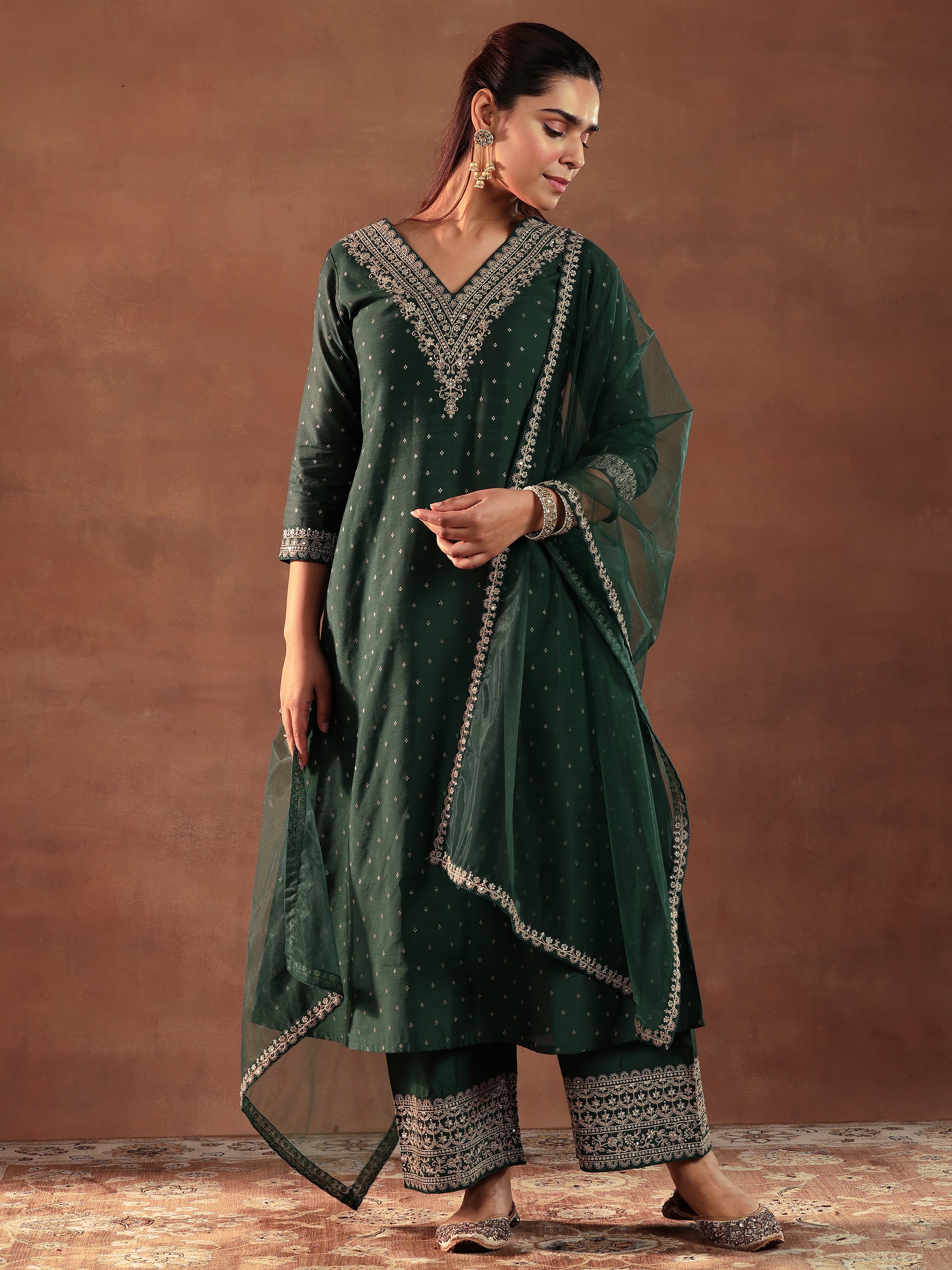 Green Woven Design Chanderi Silk A-Line Kurta With Trousers & Dupatta