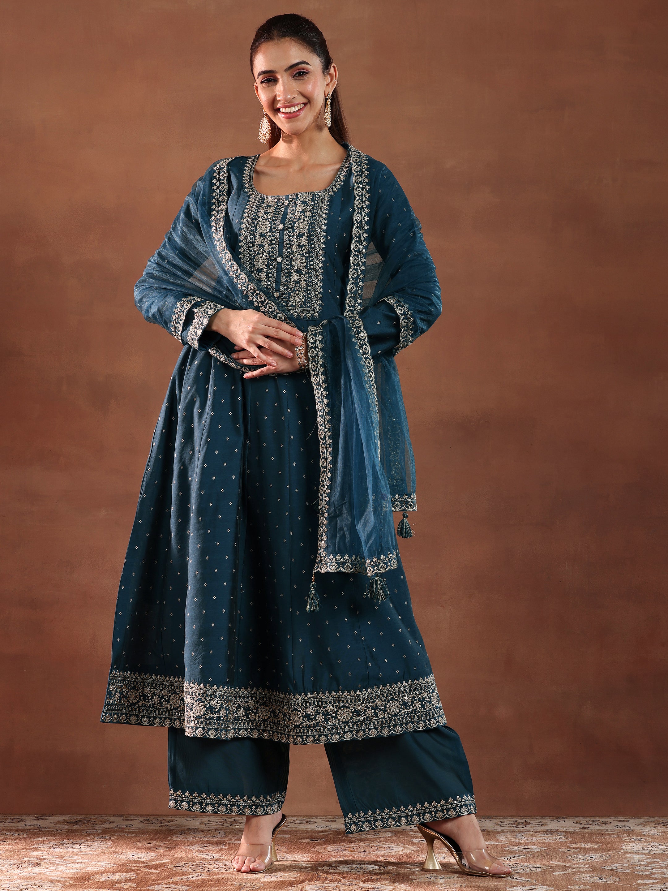 Teal Embroidered Chanderi Silk Anarkali Suit With Dupatta