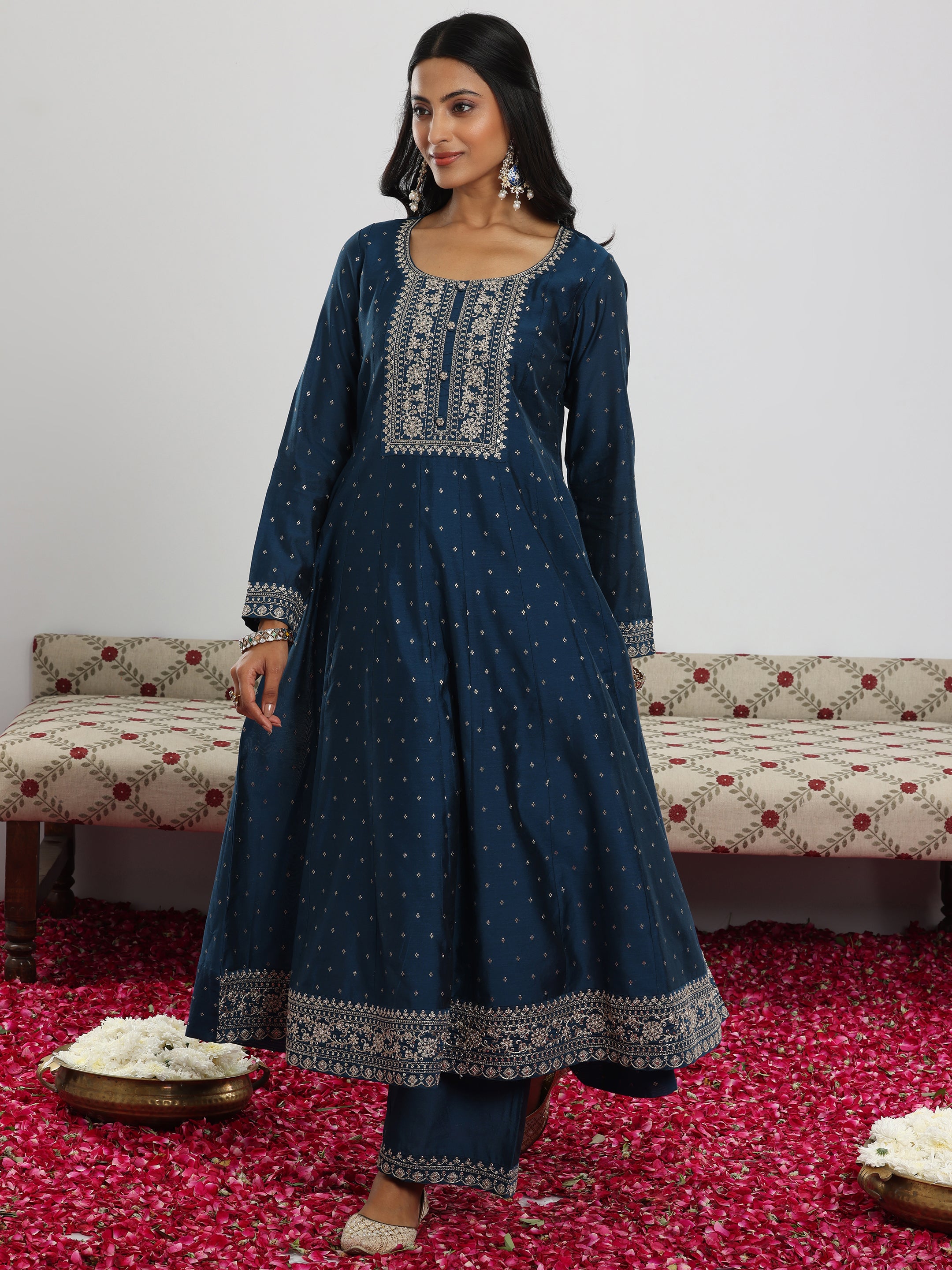 Teal Embroidered Chanderi Silk Anarkali Suit With Dupatta