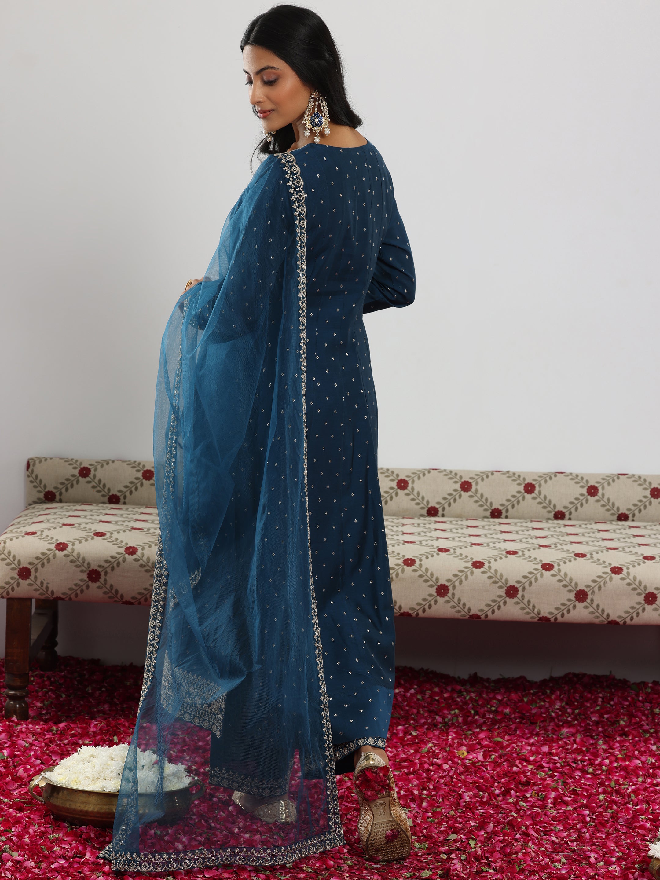 Teal Embroidered Chanderi Silk Anarkali Suit With Dupatta