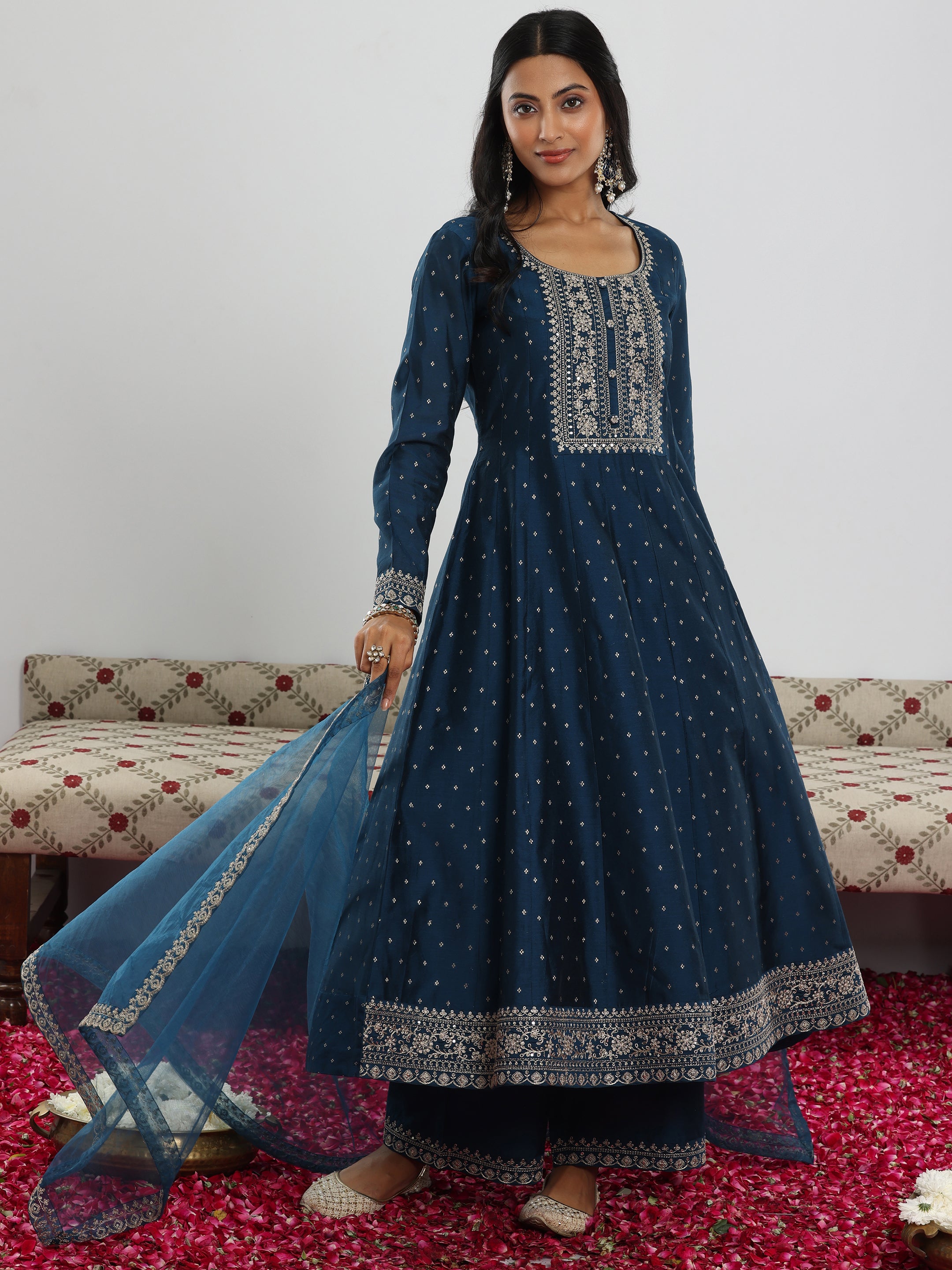 Teal Embroidered Chanderi Silk Anarkali Suit With Dupatta