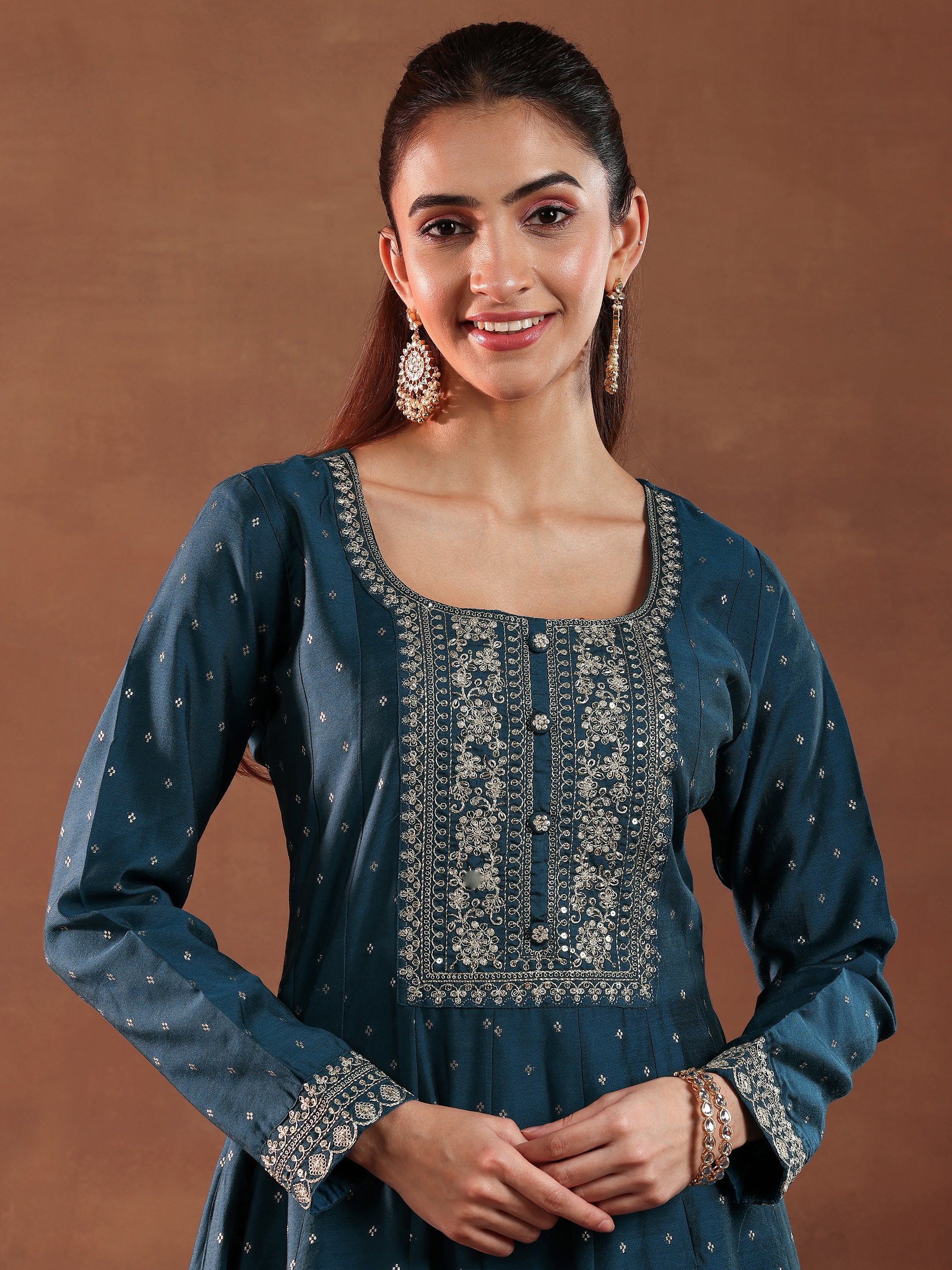 Teal Embroidered Chanderi Silk Anarkali Suit With Dupatta