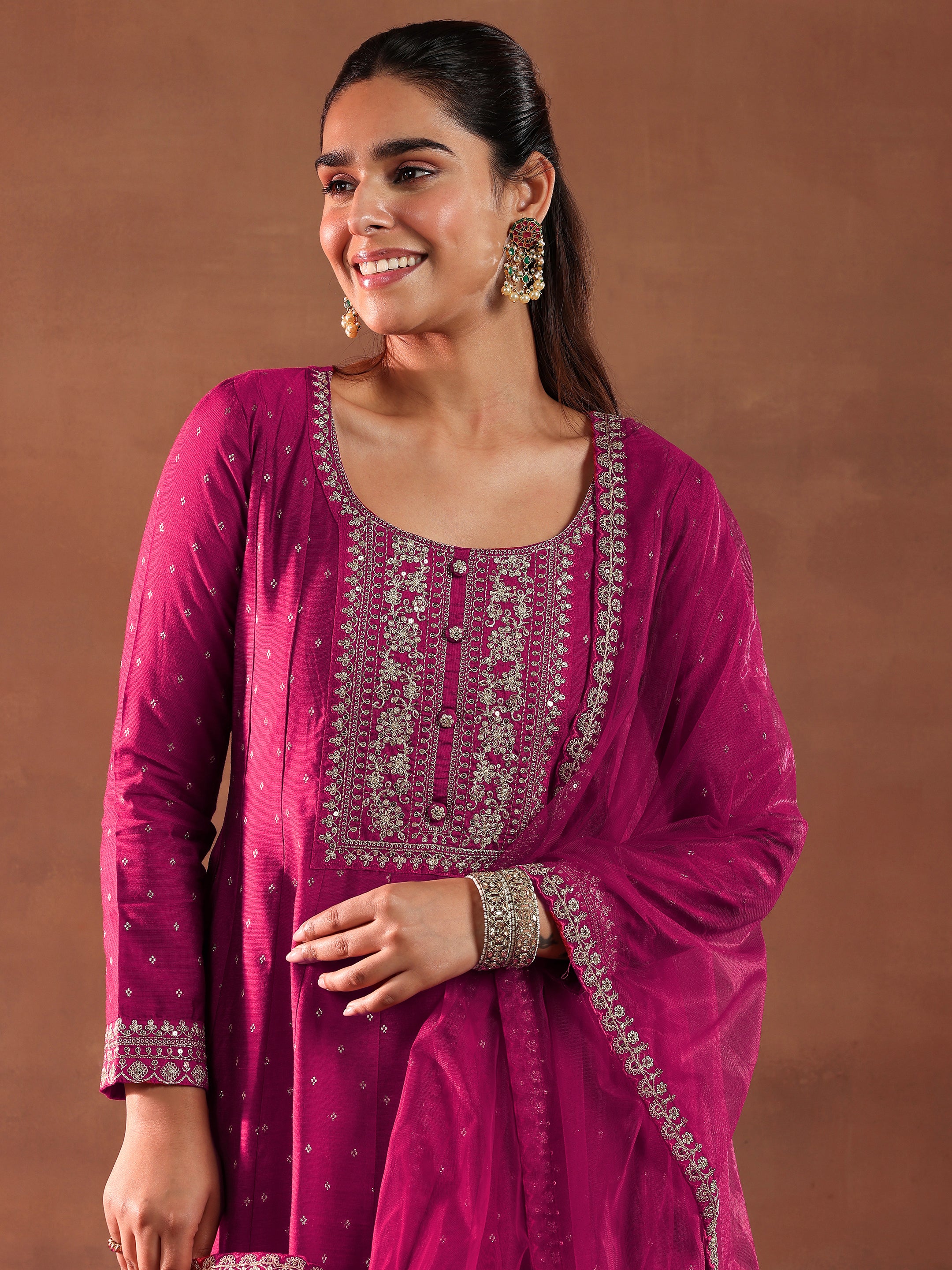 Magenta Embroidered Silk Blend Anarkali Suit With Dupatta