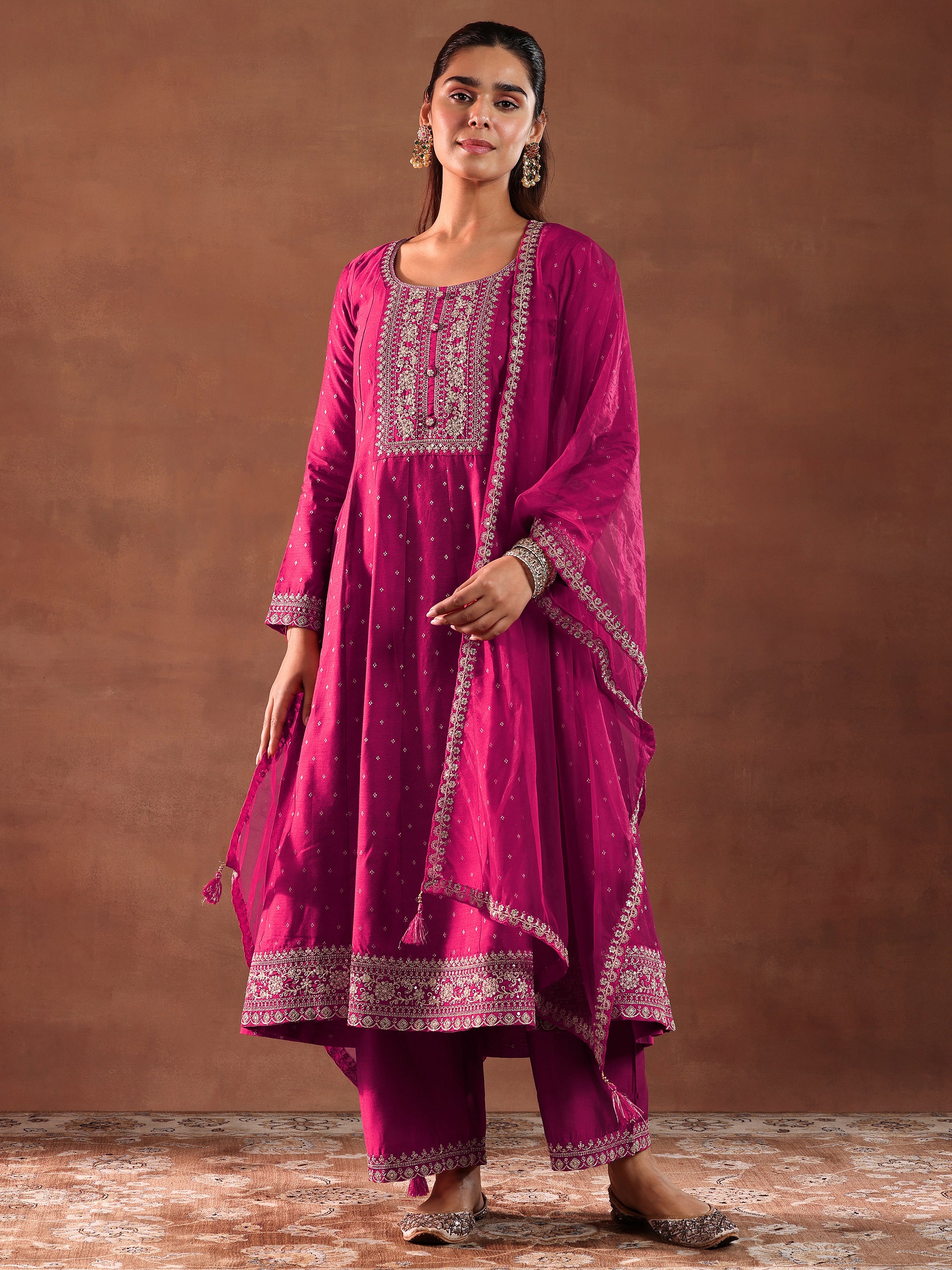 Magenta Embroidered Silk Blend Anarkali Suit With Dupatta