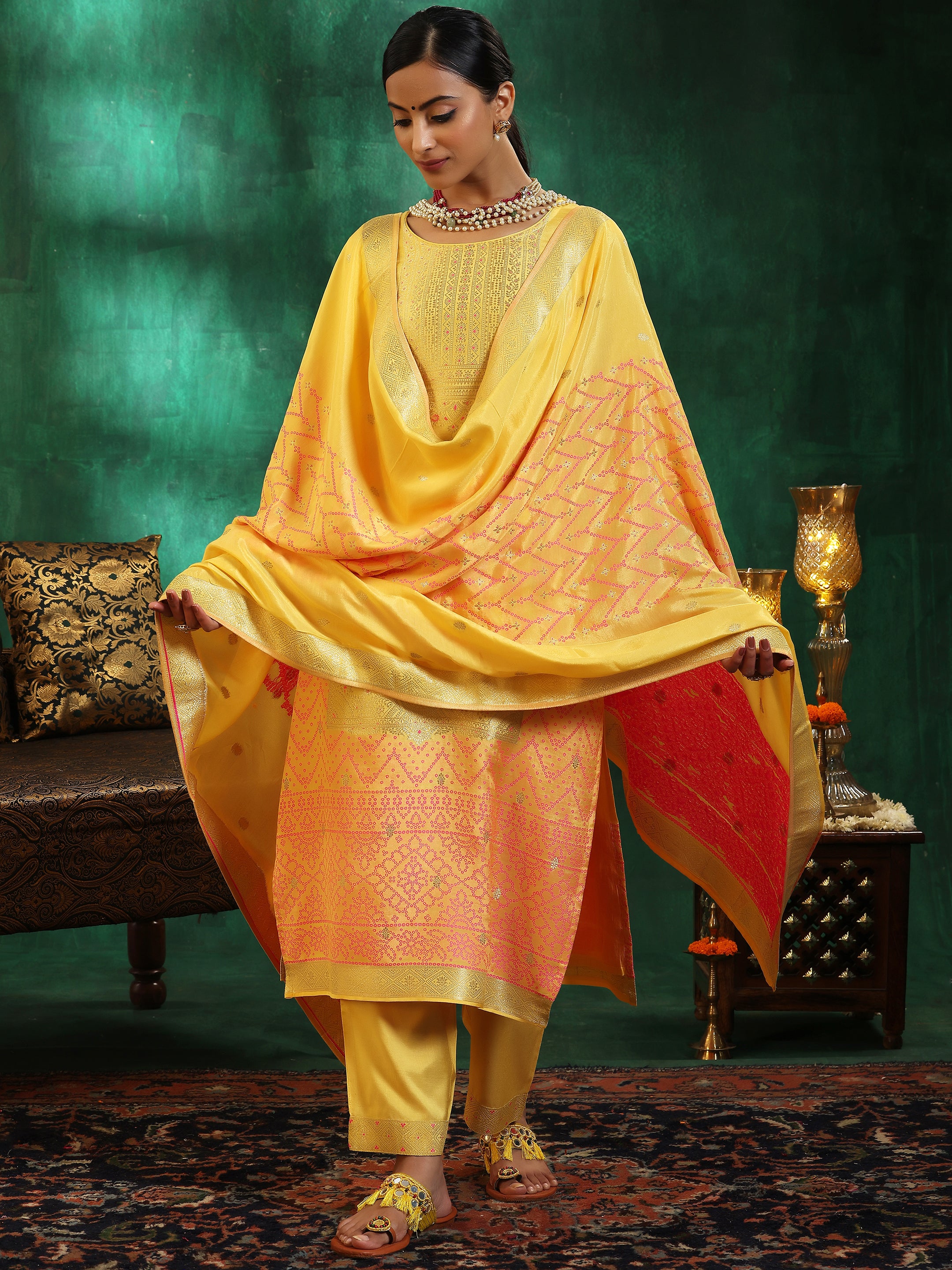 Yellow Embroidered Silk Blend Straight Suit With Dupatta